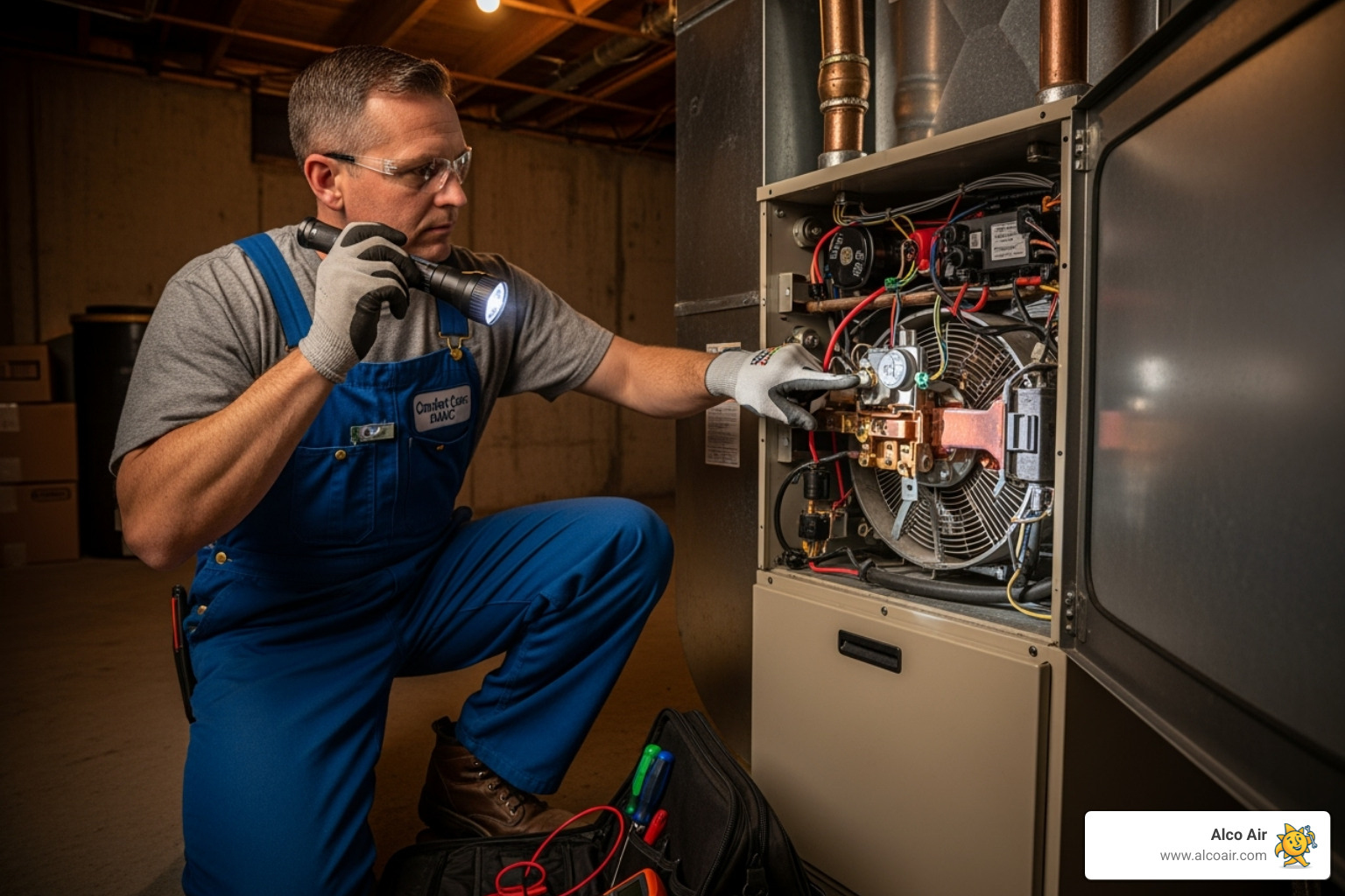 HVAC technician inspecting internal furnace components - Heater Repair Longview