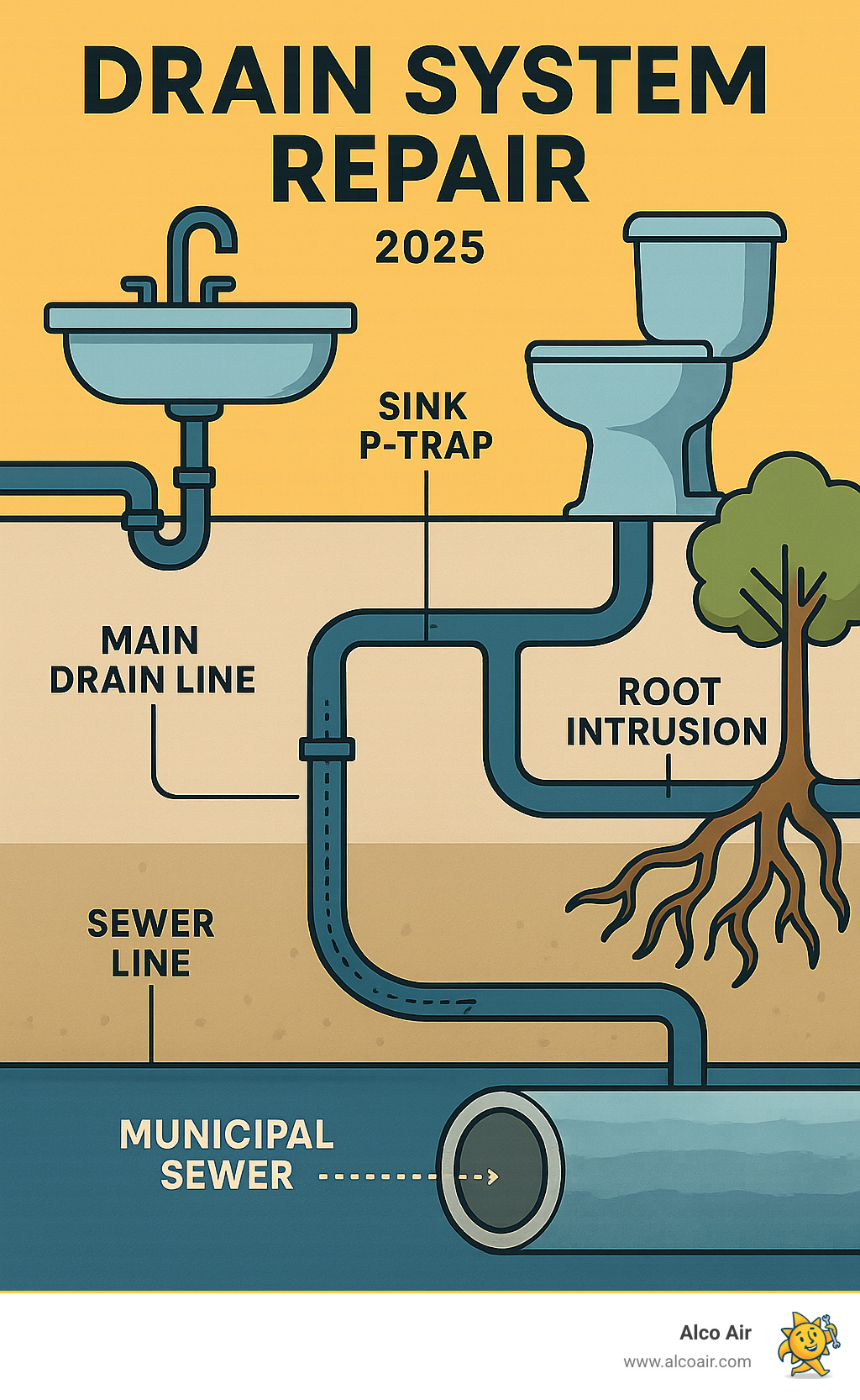Comprehensive diagram showing home drain system components including sink P-traps, main drain lines, sewer connections, common problem areas like root intrusion points, and the flow path from individual fixtures to the municipal sewer system - drain system repair infographic 