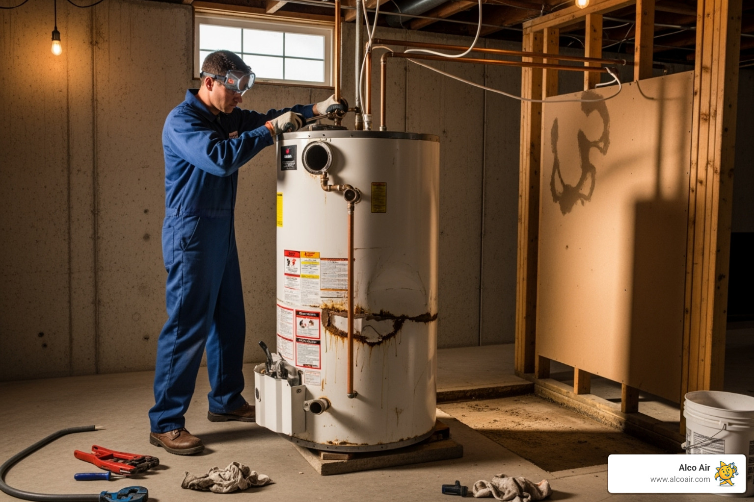An old, bulky tank water heater being disconnected, highlighting the space it once occupied - tankless water heater installation