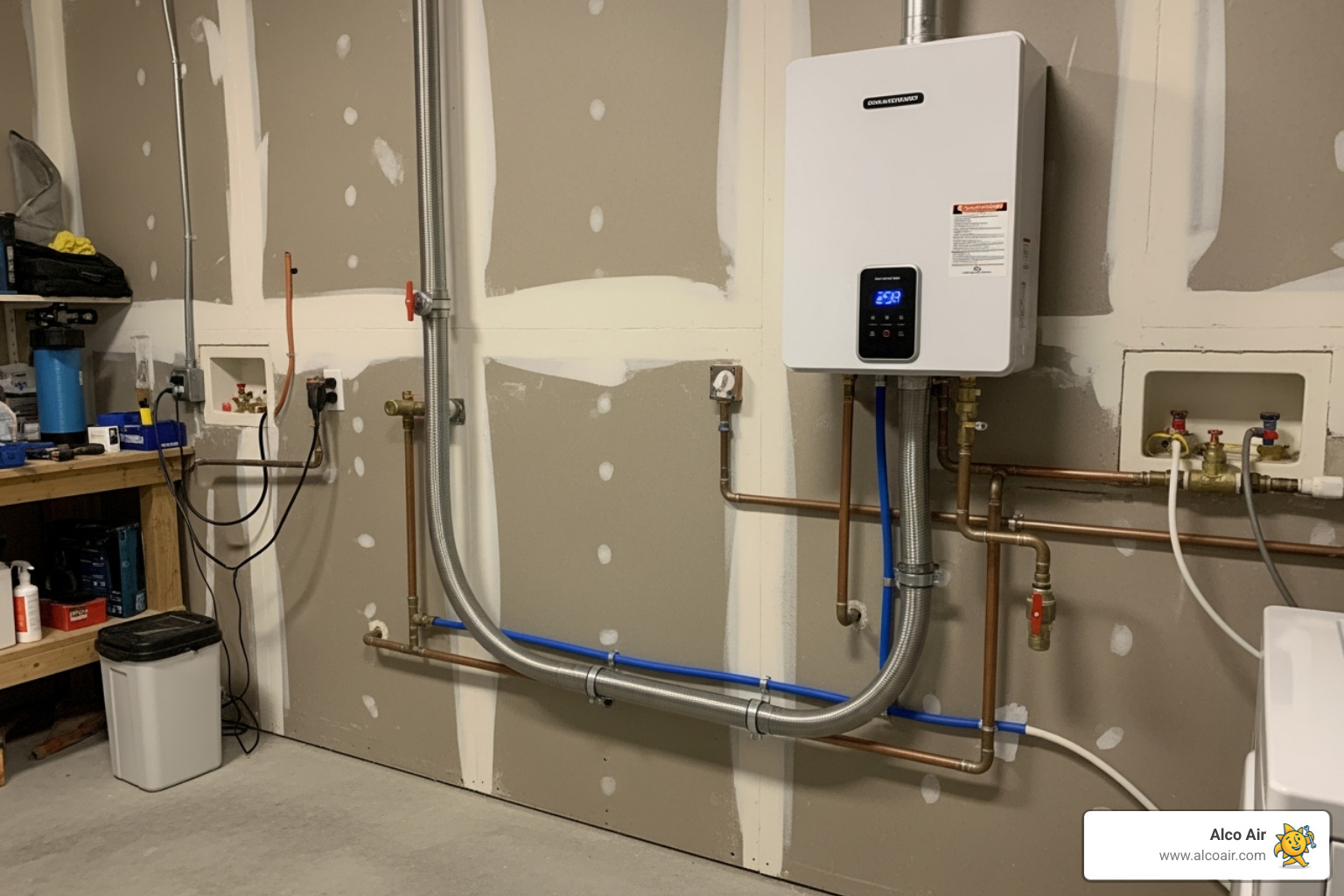 An upgraded, larger-diameter gas line leading to a tankless unit, illustrating the necessary infrastructure improvements for proper function - tankless water heater installation