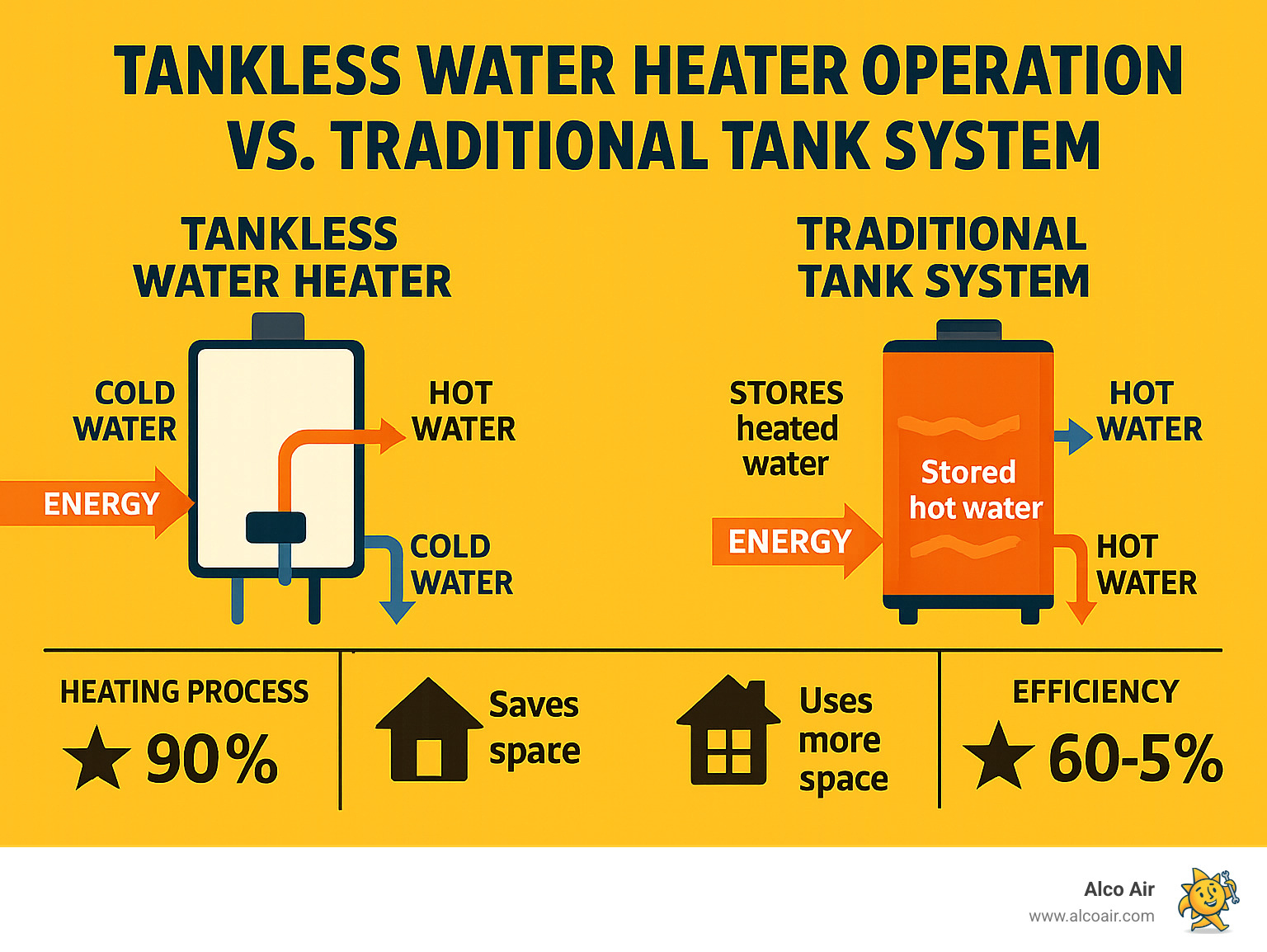 Detailed comparison infographic showing tankless water heater operation versus traditional tank system, including energy flow, heating process, space requirements, and efficiency ratings - tankless water heater installation infographic 