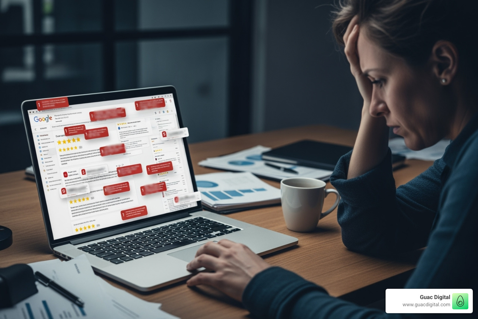 warning sign over a computer screen showing fake reviews - how to manage bad google reviews