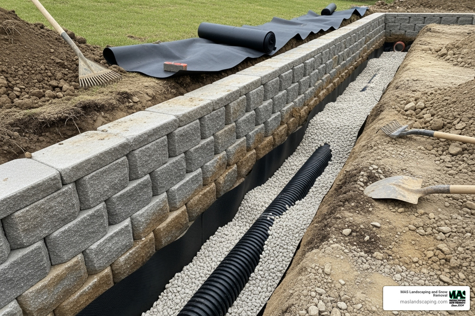 a French drain being installed behind a retaining wall - rock retaining wall cost a French drain being installed behind a retaining wall - rock retaining wall cost