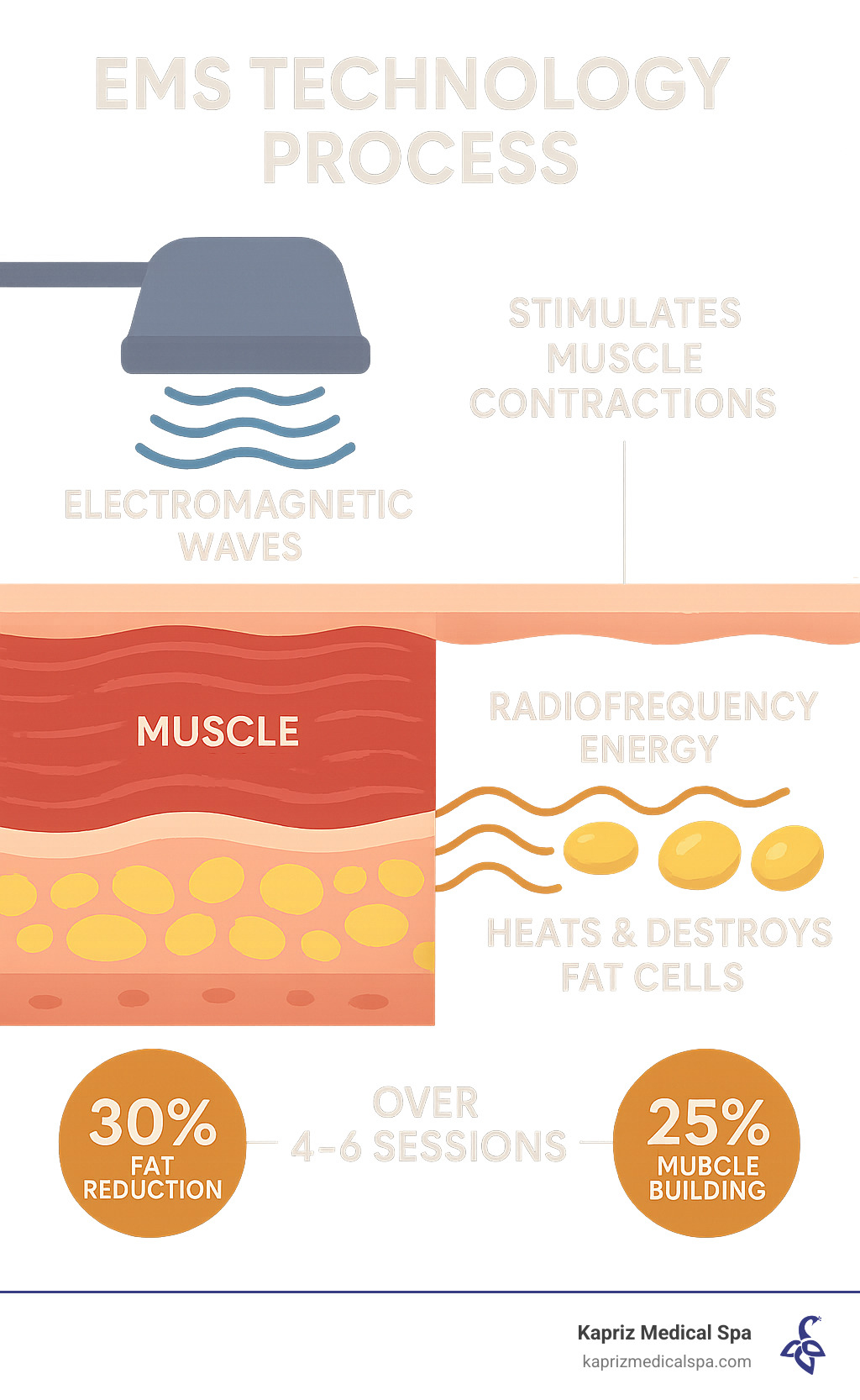 Detailed infographic showing EMS technology process: electromagnetic waves penetrating skin layers to stimulate muscle contractions while radiofrequency energy heats and destroys fat cells, with timeline showing 30% fat reduction and 25% muscle building results over 4-6 sessions - ems full body contouring jacksonville beach infographic Detailed infographic showing EMS technology process: electromagnetic waves penetrating skin layers to stimulate muscle contractions while radiofrequency energy heats and destroys fat cells, with timeline showing 30% fat reduction and 25% muscle building results over 4-6 sessions - ems full body contouring jacksonville beach infographic