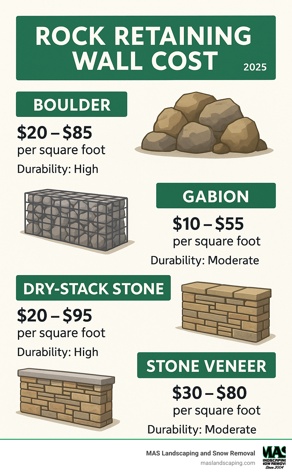 Detailed breakdown of rock retaining wall costs per square foot by material type, including boulder, gabion, dry-stack stone, and stone veneer options with average price ranges and durability information - rock retaining wall cost infographic Detailed breakdown of rock retaining wall costs per square foot by material type, including boulder, gabion, dry-stack stone, and stone veneer options with average price ranges and durability information - rock retaining wall cost infographic
