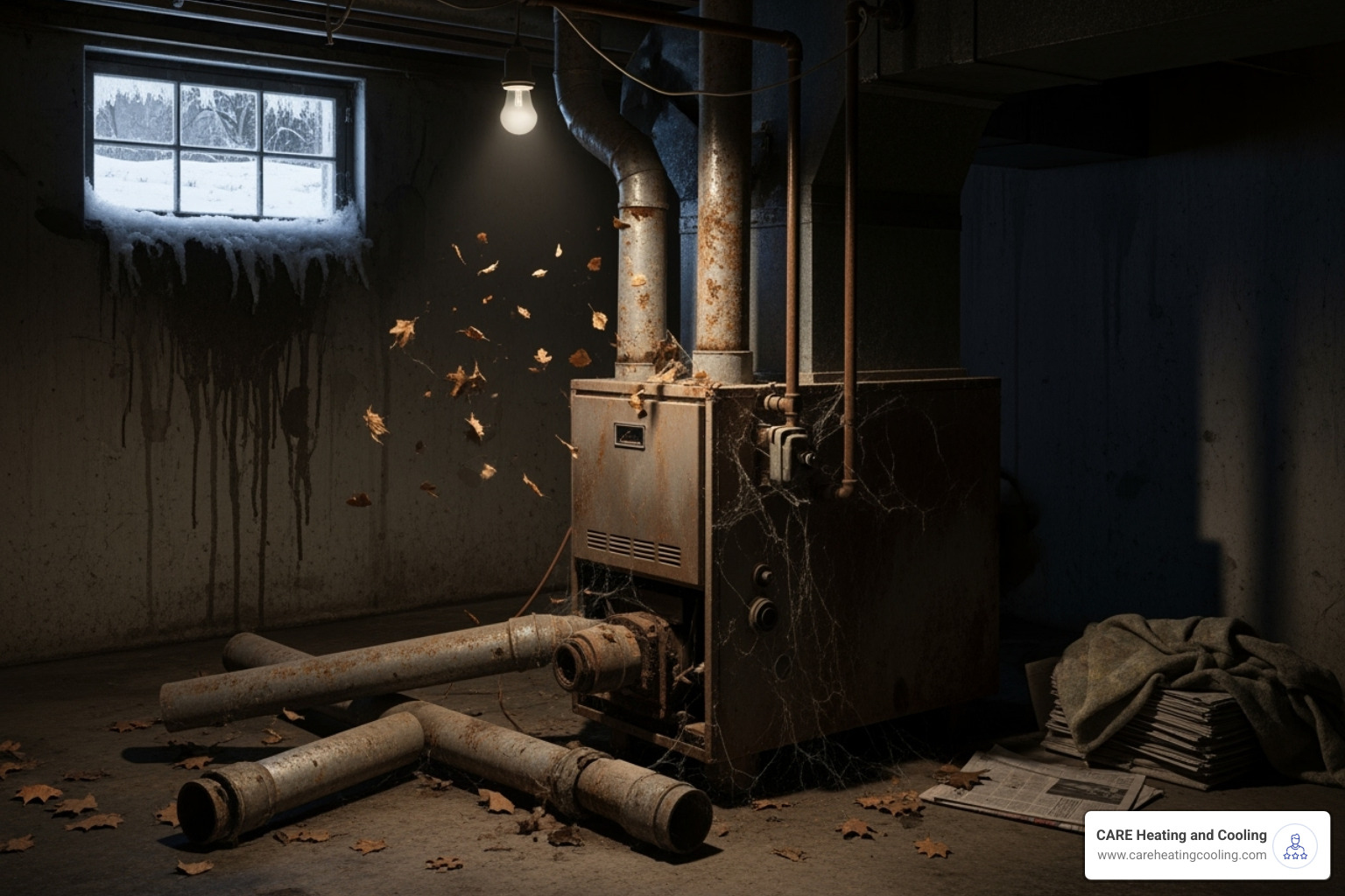 A broken down furnace in a dark, cold basement during winter, emphasizing the risks of neglect - HVAC service agreement A broken down furnace in a dark, cold basement during winter, emphasizing the risks of neglect - HVAC service agreement
