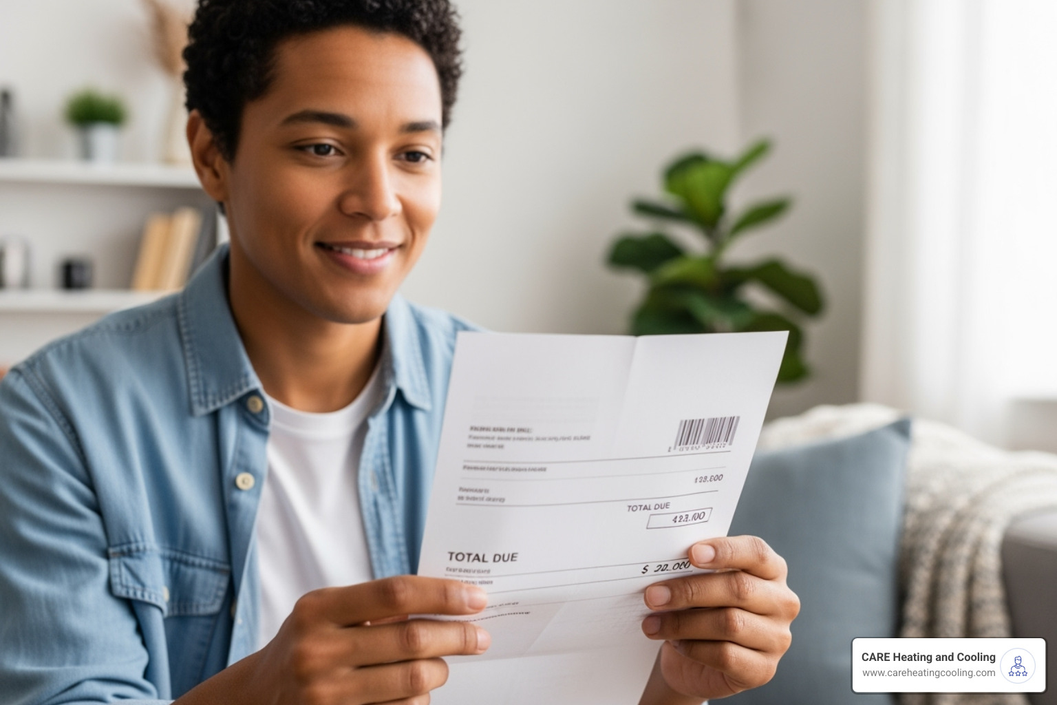 A homeowner happily looking at a lower energy bill, indicating cost savings from HVAC maintenance - HVAC service agreement A homeowner happily looking at a lower energy bill, indicating cost savings from HVAC maintenance - HVAC service agreement