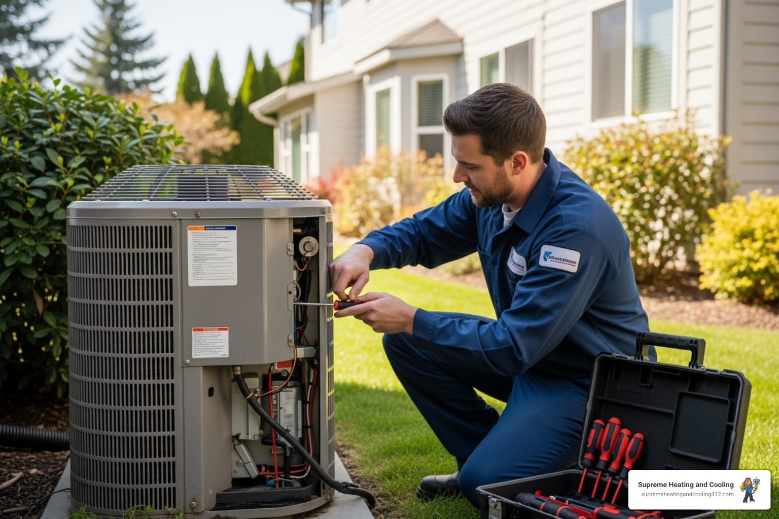 technician servicing outdoor heat pump unit - annual heat pump service