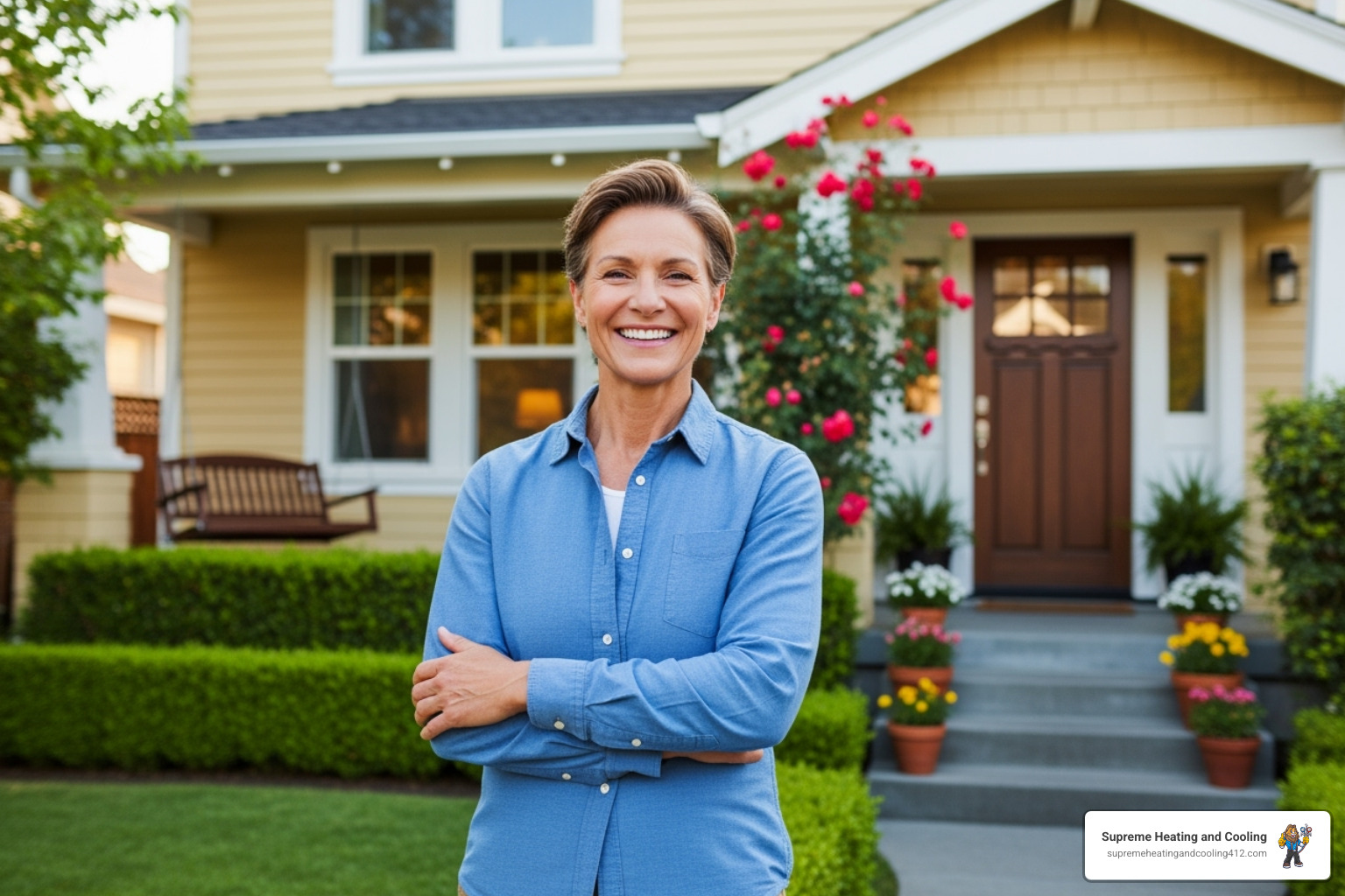 homeowner smiling - annual heat pump service