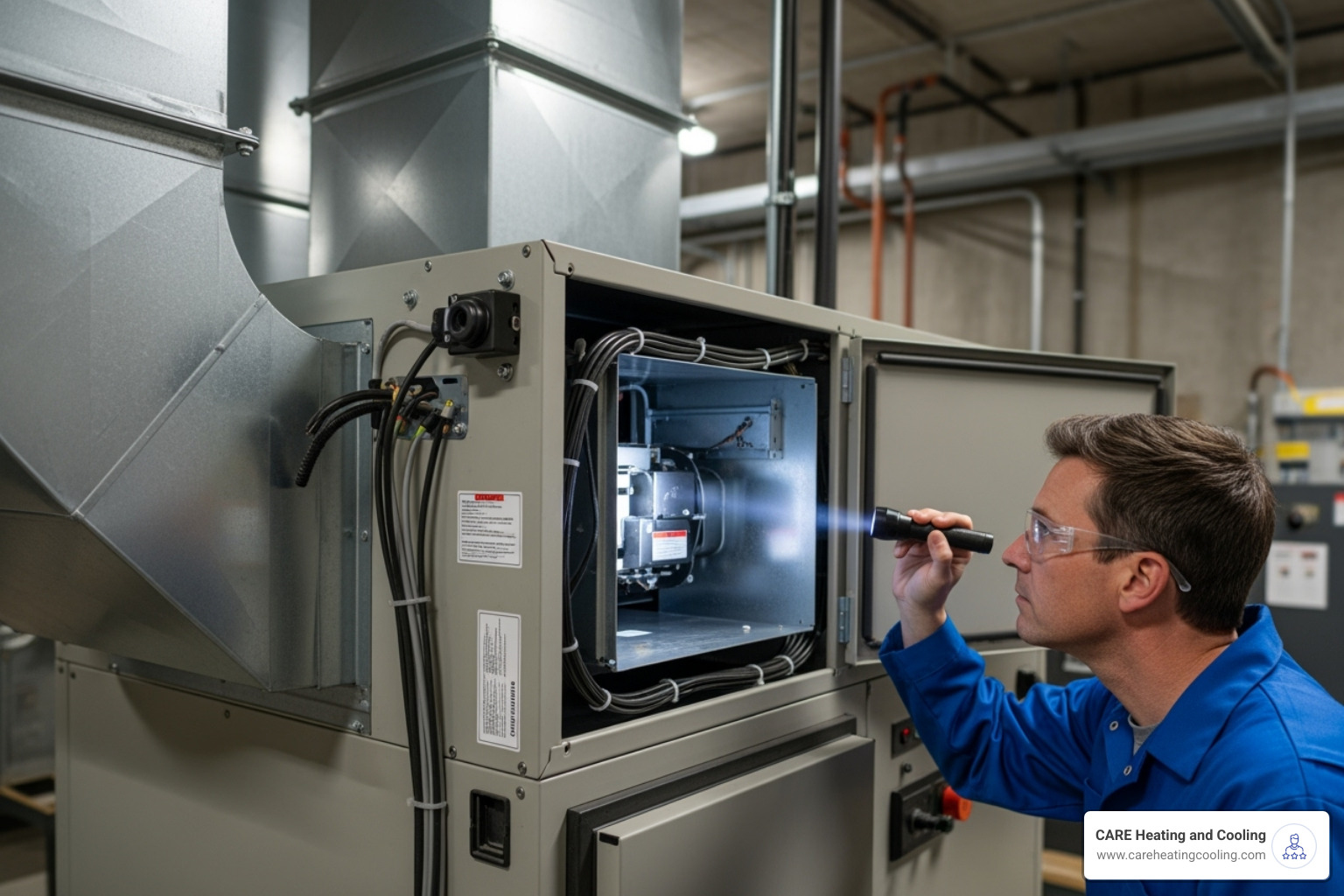 technician inspecting indoor air handler unit - AC freezing up
