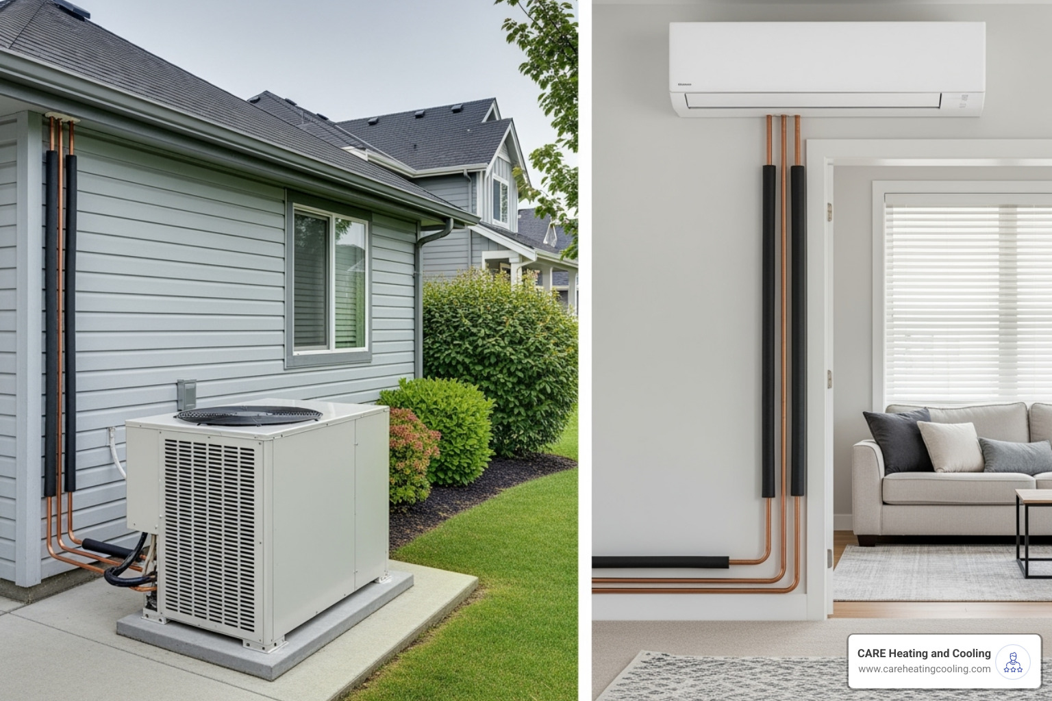 Image of a split AC system showing indoor and outdoor units - AC blowing warm air