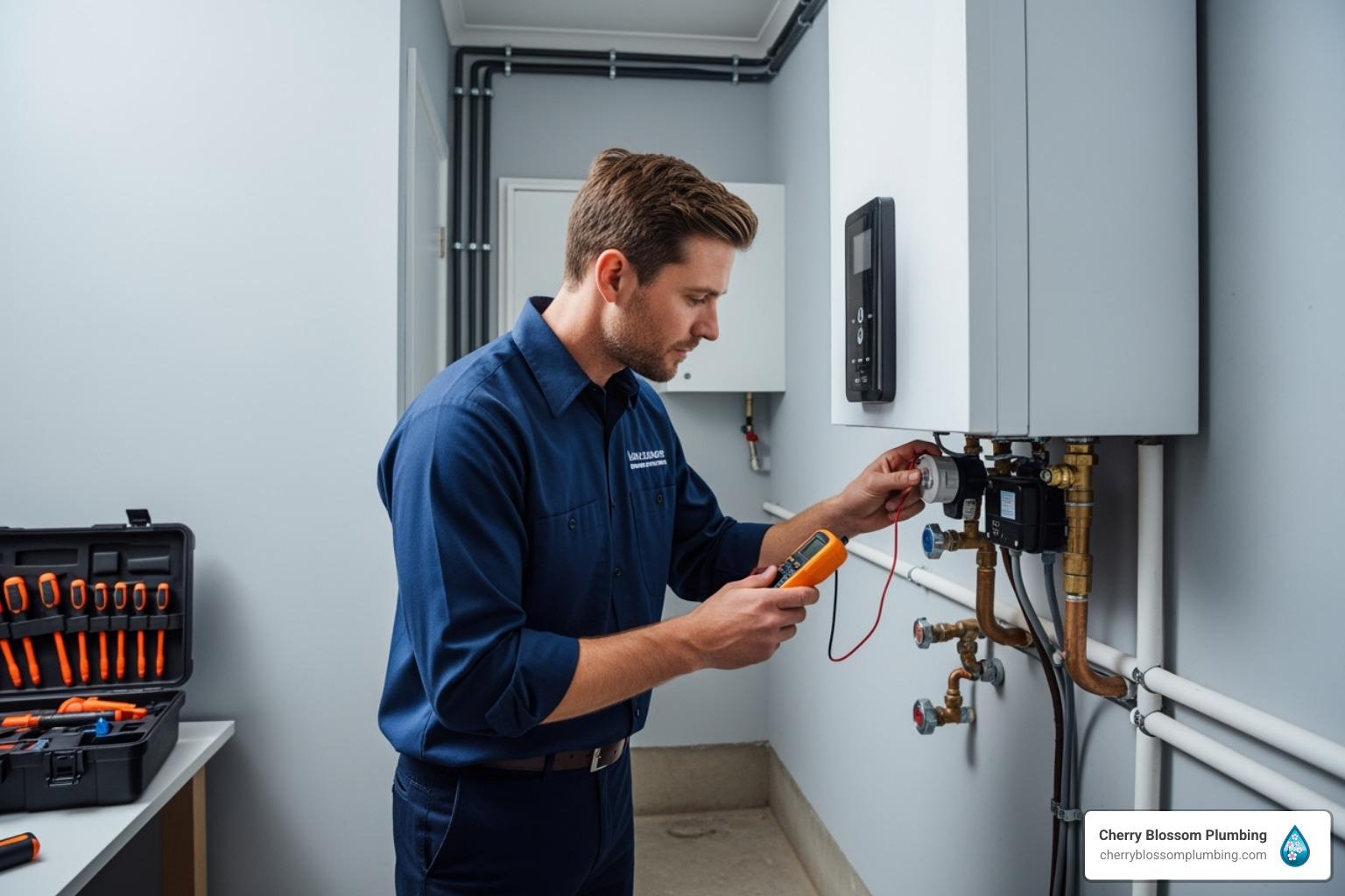 technician inspecting a modern tankless water heater - plumbing service arlington