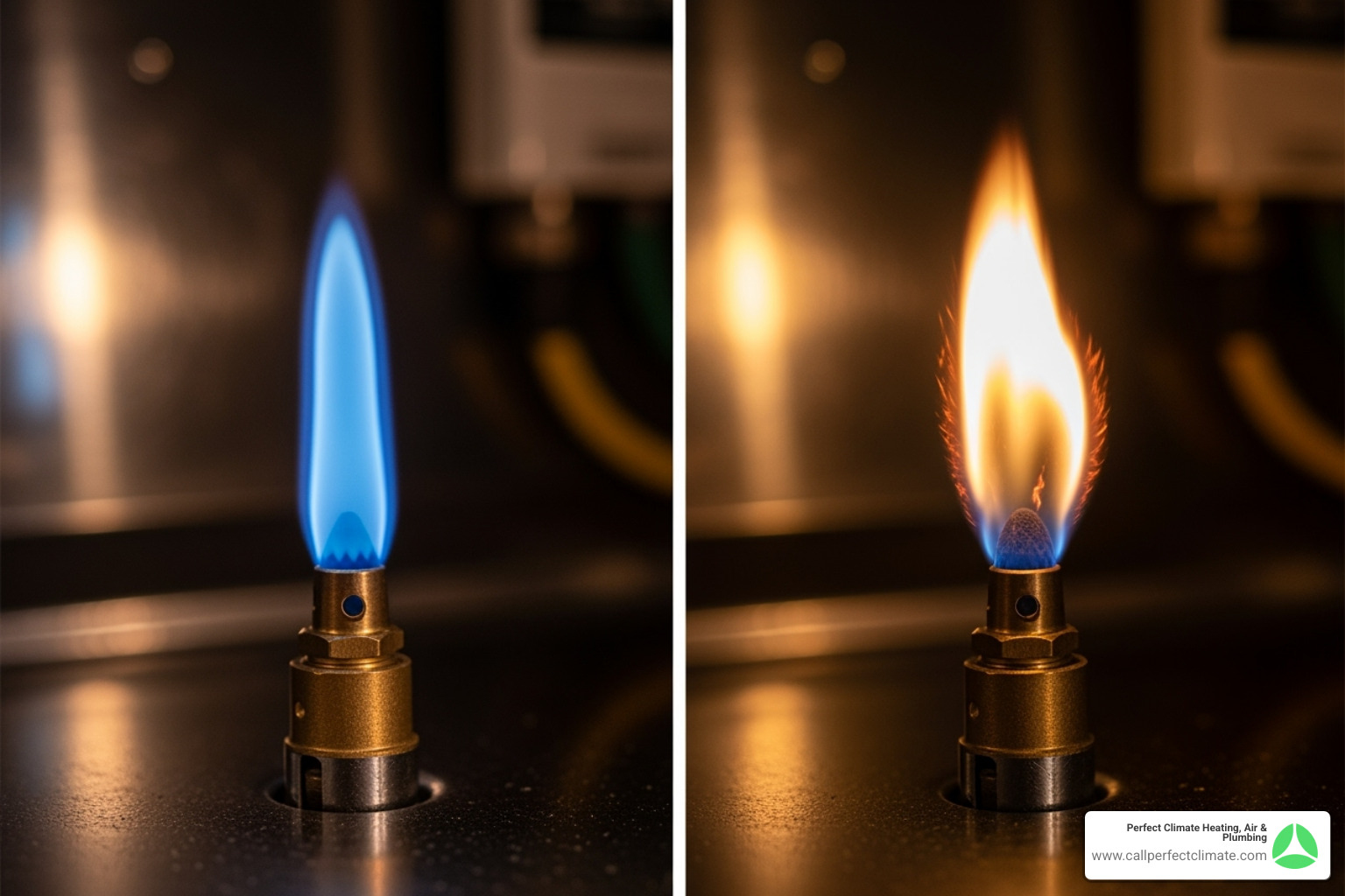 Image of a furnace pilot light showing a healthy blue flame vs an unhealthy yellow flame - furnace repair evansville