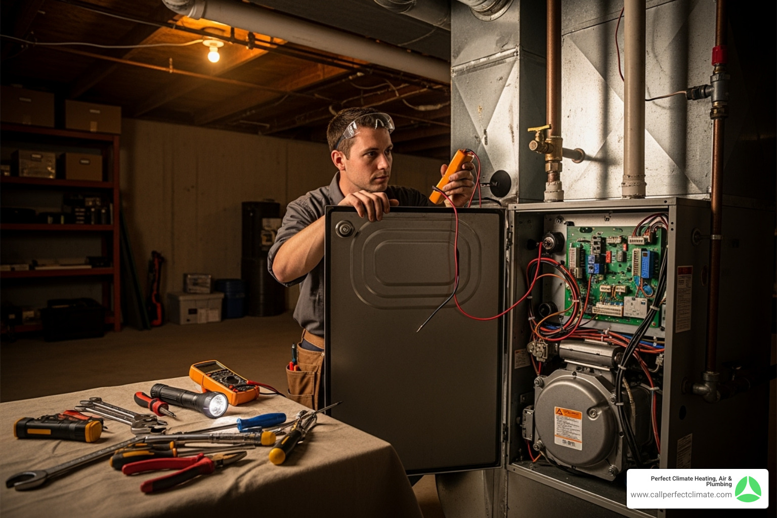 Image of a technician working on a furnace - furnace repair evansville