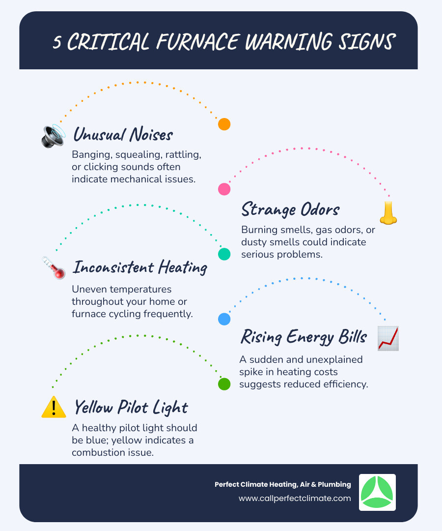 Infographic showing 5 critical warning signs your furnace needs immediate professional attention: unusual noises like banging or squealing, strange odors including burning smells, uneven heating throughout your home, sudden spikes in energy bills, and yellow or flickering pilot light flame - furnace repair evansville infographic infographic-line-5-steps-blues-accent_colors