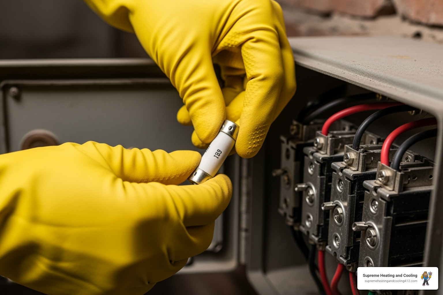 hands with rubber gloves unscrewing a fuse. - electrical fuse box repair