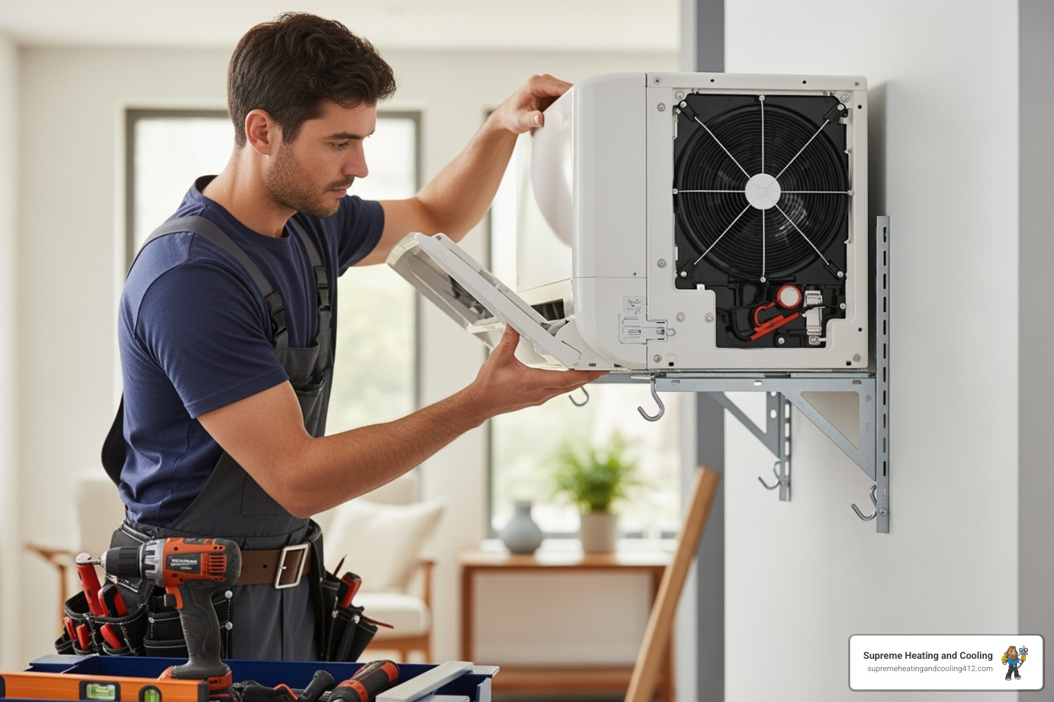 indoor unit being mounted to a wall bracket - Ductless AC installation
