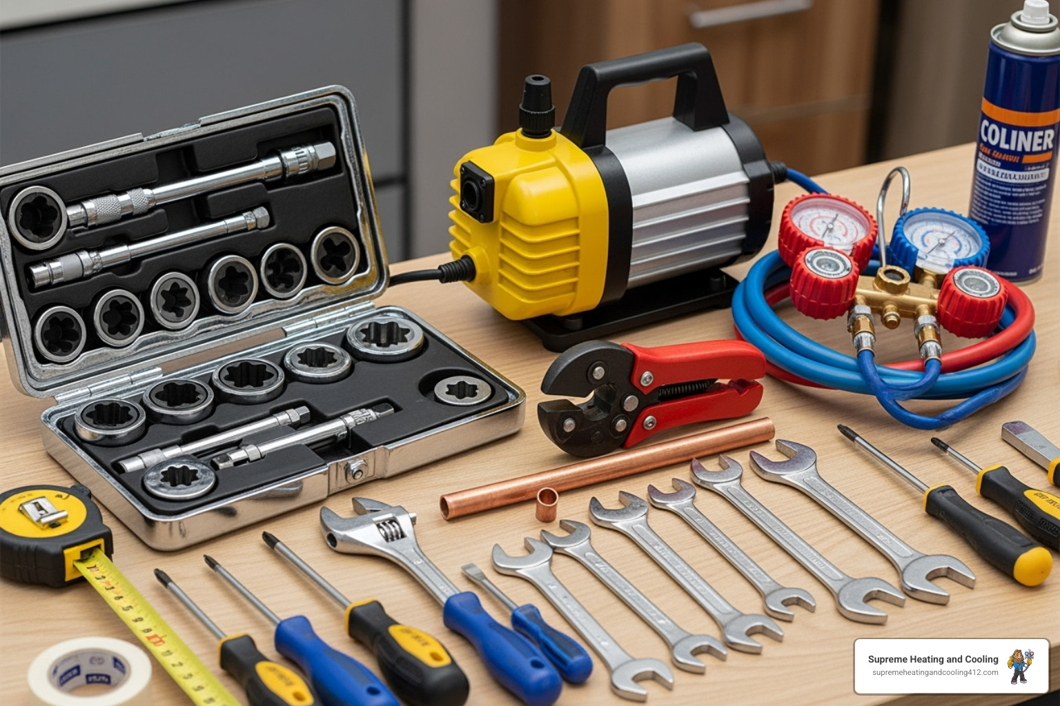 essential tools for a mini-split installation laid out neatly - Ductless AC installation