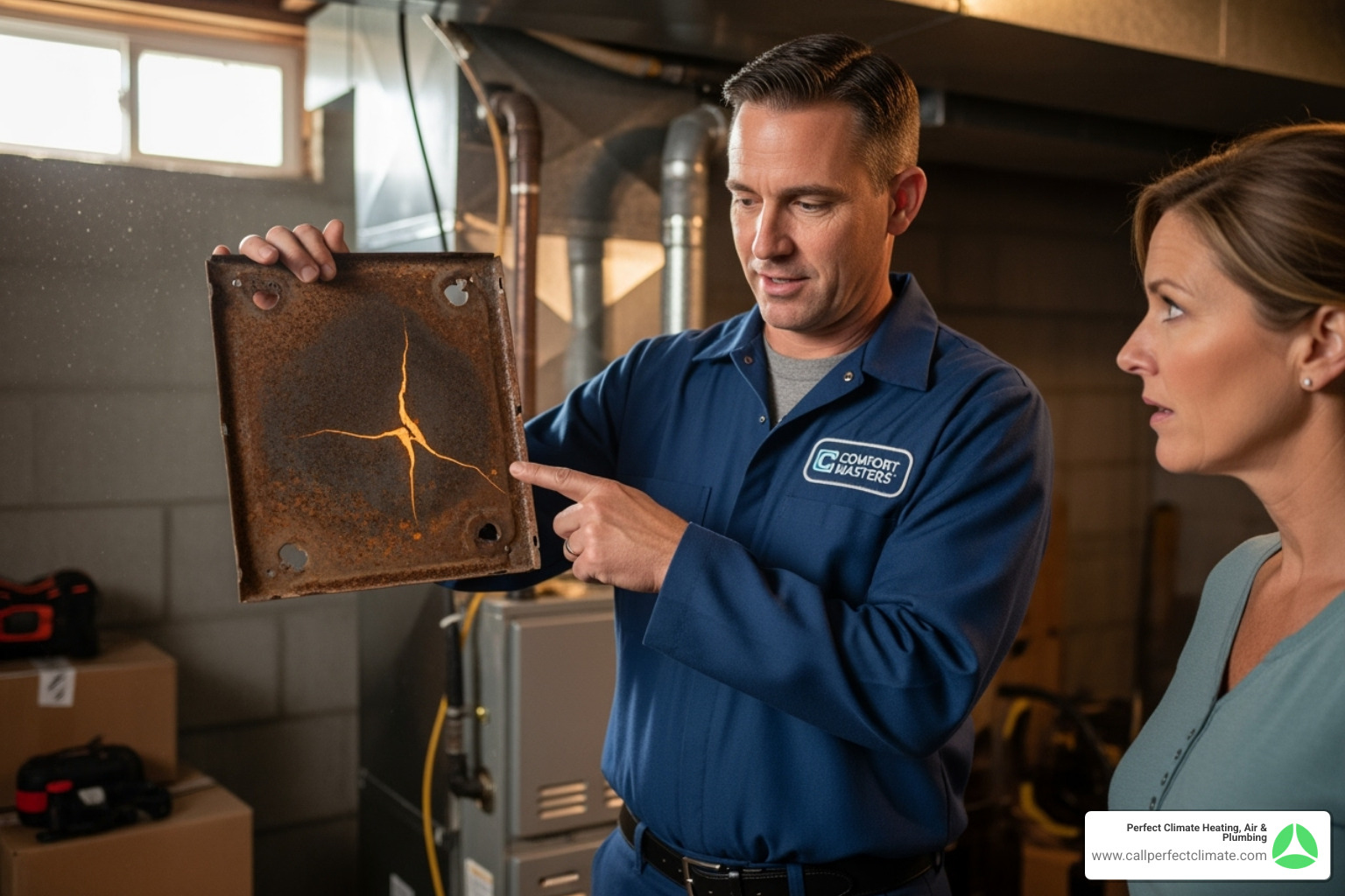 Technician showing worn-out furnace part - furnace repair cost