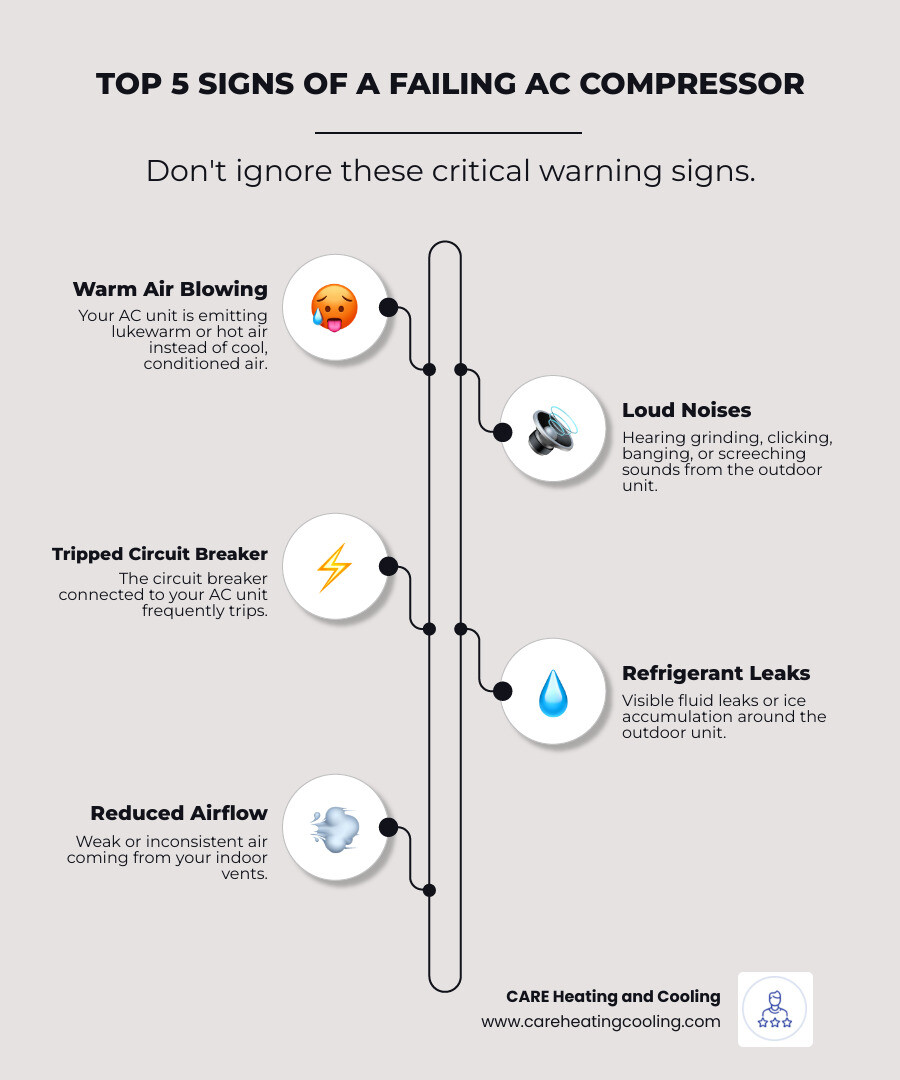 Infographic showing the top 5 signs of AC compressor failure: 1) Warm air from vents instead of cold air, 2) Loud grinding or clicking noises from outdoor unit, 3) Circuit breaker frequently tripping, 4) Refrigerant leaks around the unit, 5) Reduced airflow throughout the home - AC compressor replacement infographic infographic-line-5-steps-neat_beige