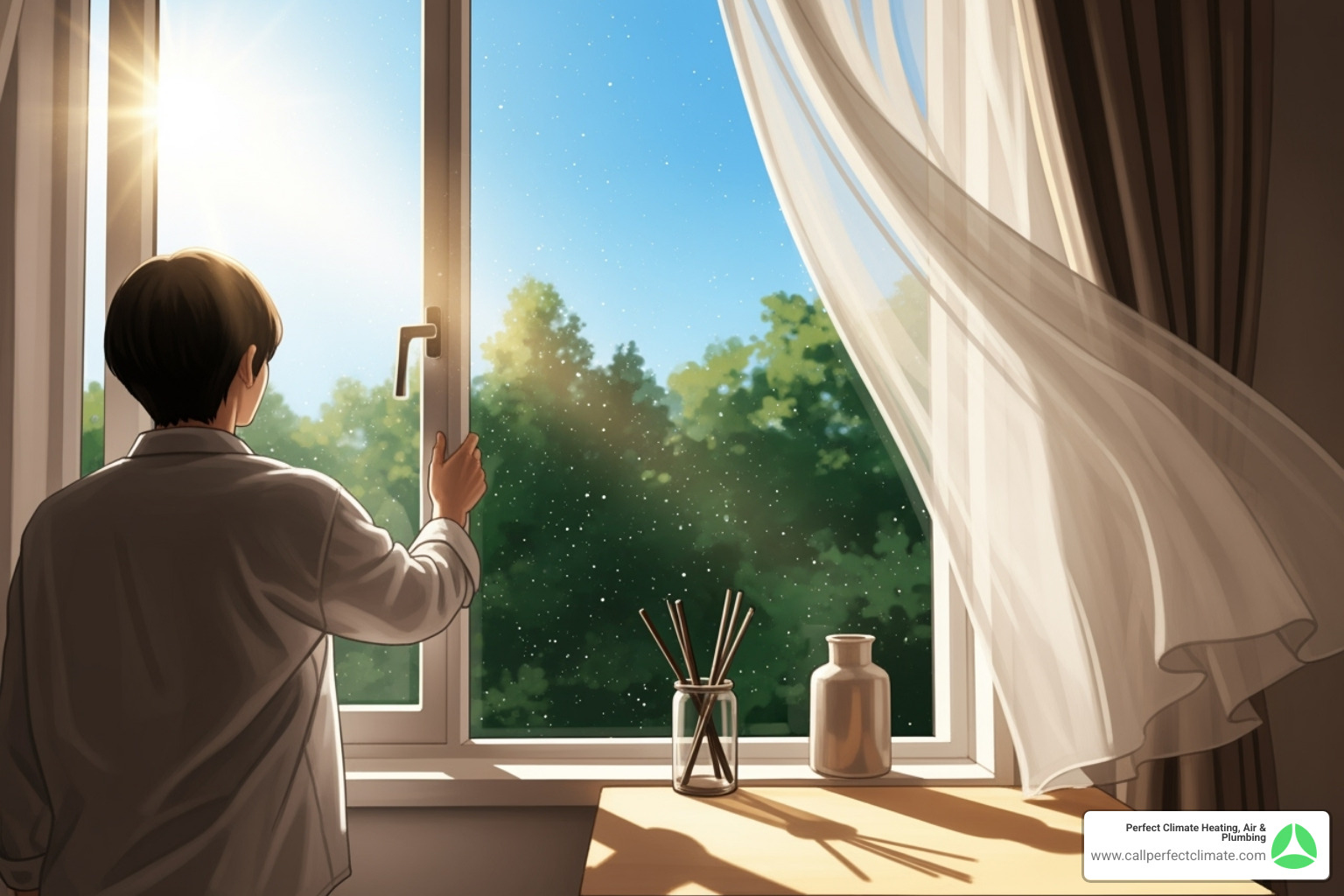 Image of a person opening a window on a clear day - home air quality improvement