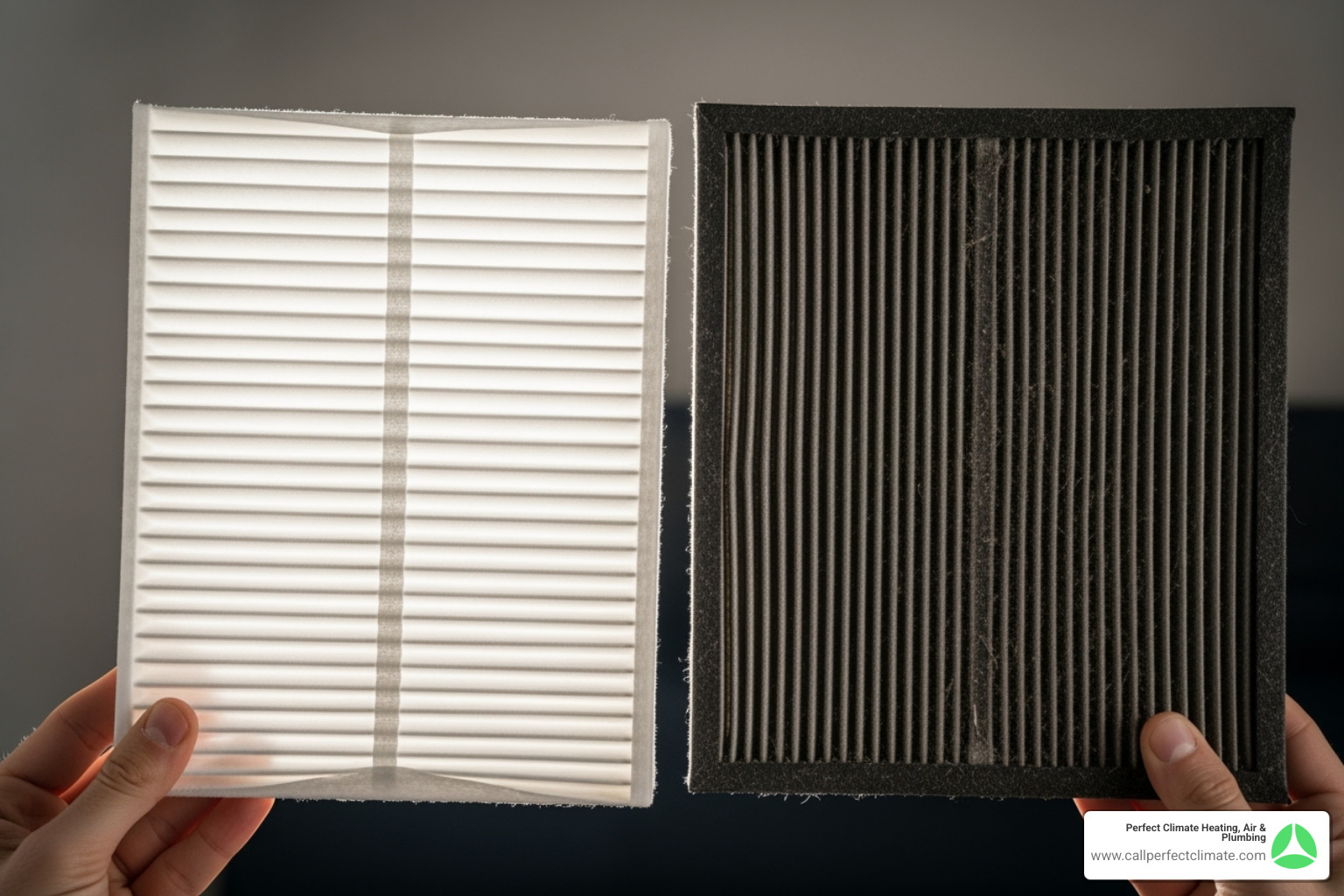 Image of a clean HVAC filter being held next to a dirty one - home air quality improvement