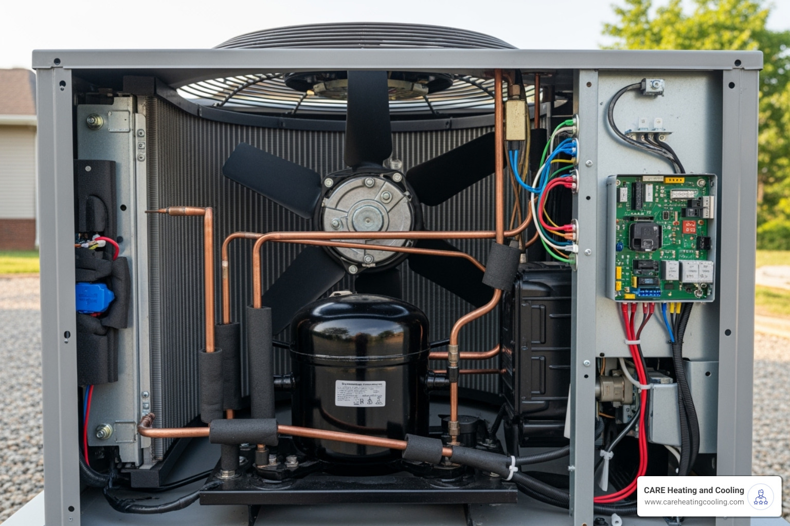 AC unit showing internal components, with a focus on the compressor and the overall system layout - AC compressor replacement