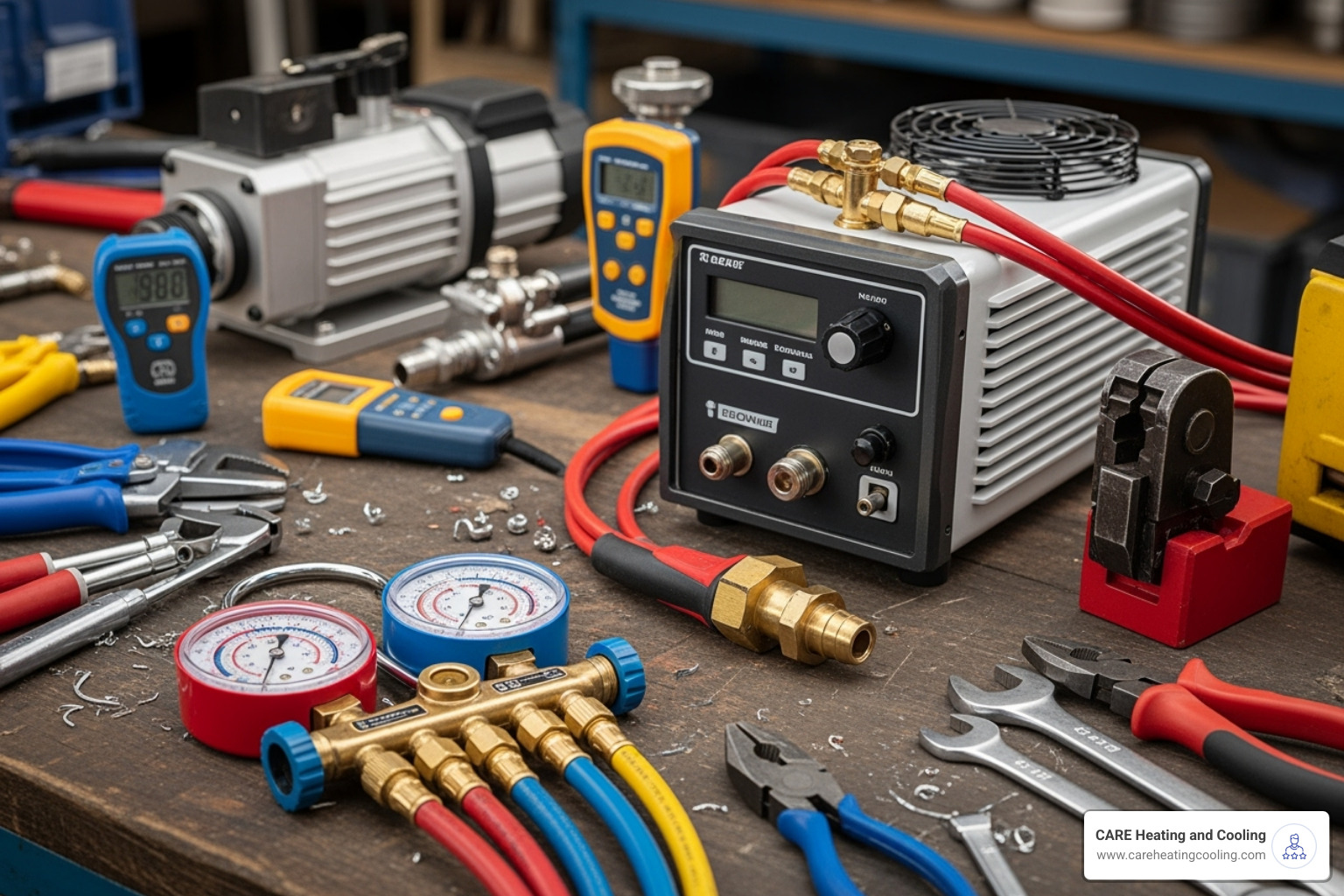 Specialized HVAC tools like a manifold gauge set and a refrigerant recovery machine - AC compressor replacement