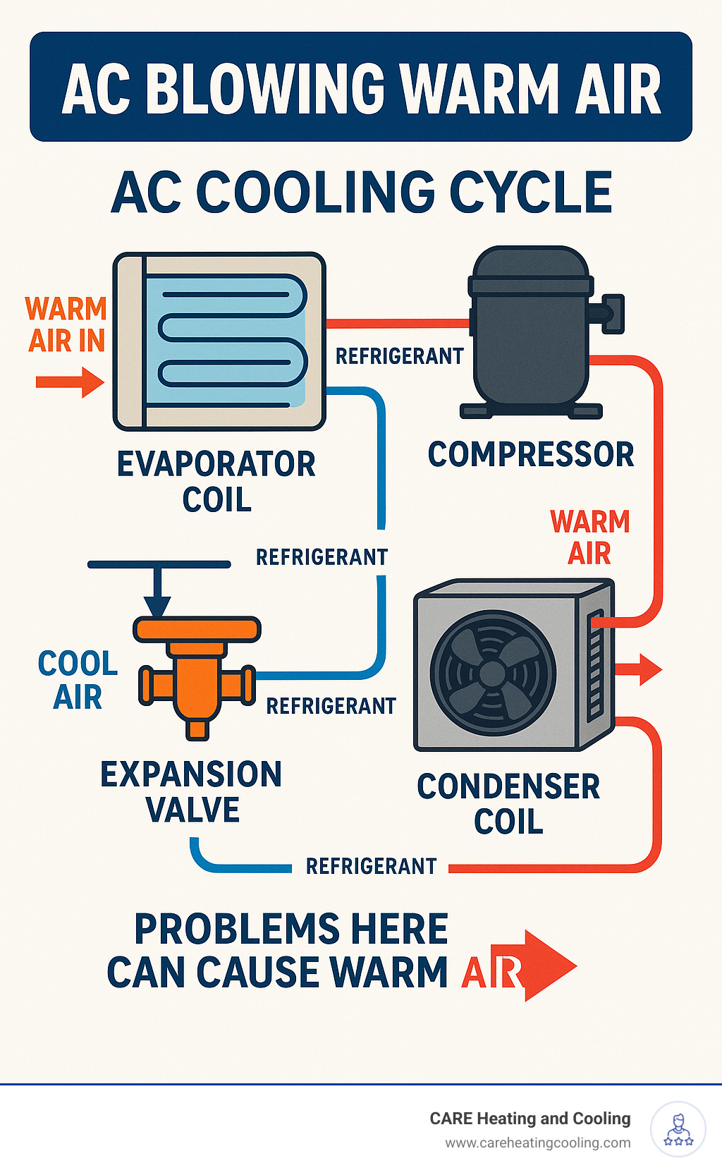 Infographic explaining the basic AC cooling cycle with refrigerant flowing through evaporator coil, compressor, condenser coil, and expansion valve, highlighting how each component contributes to cooling and where problems can cause warm air - AC blowing warm air infographic 