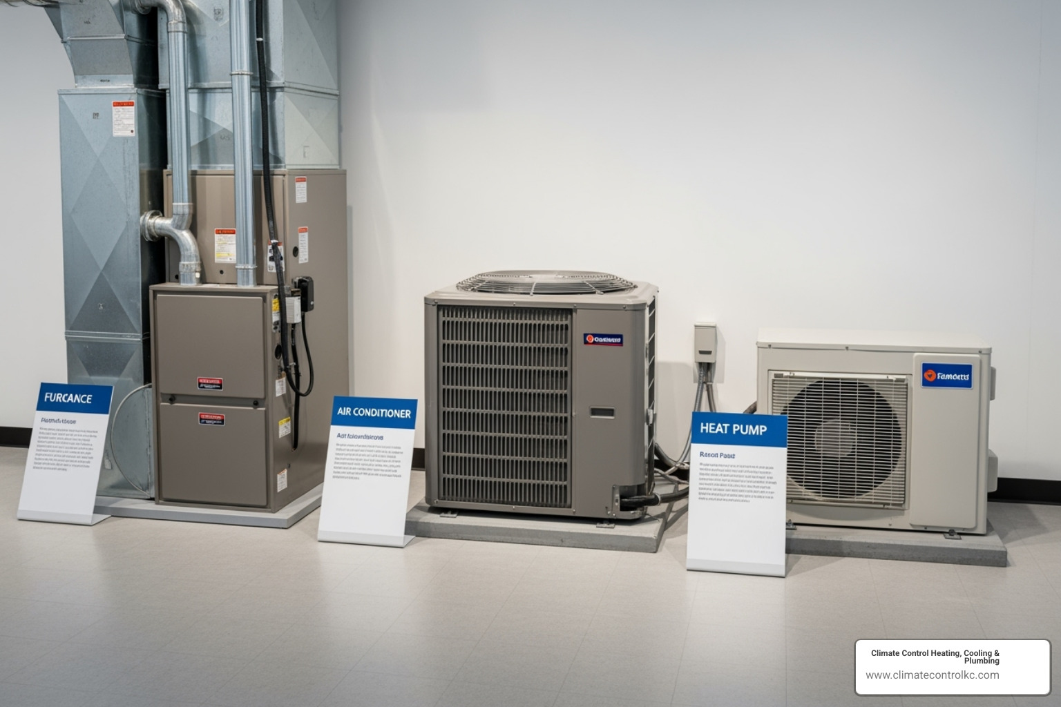 Different HVAC units including a furnace, an air conditioner, and a heat pump - heating and cooling blue springs mo