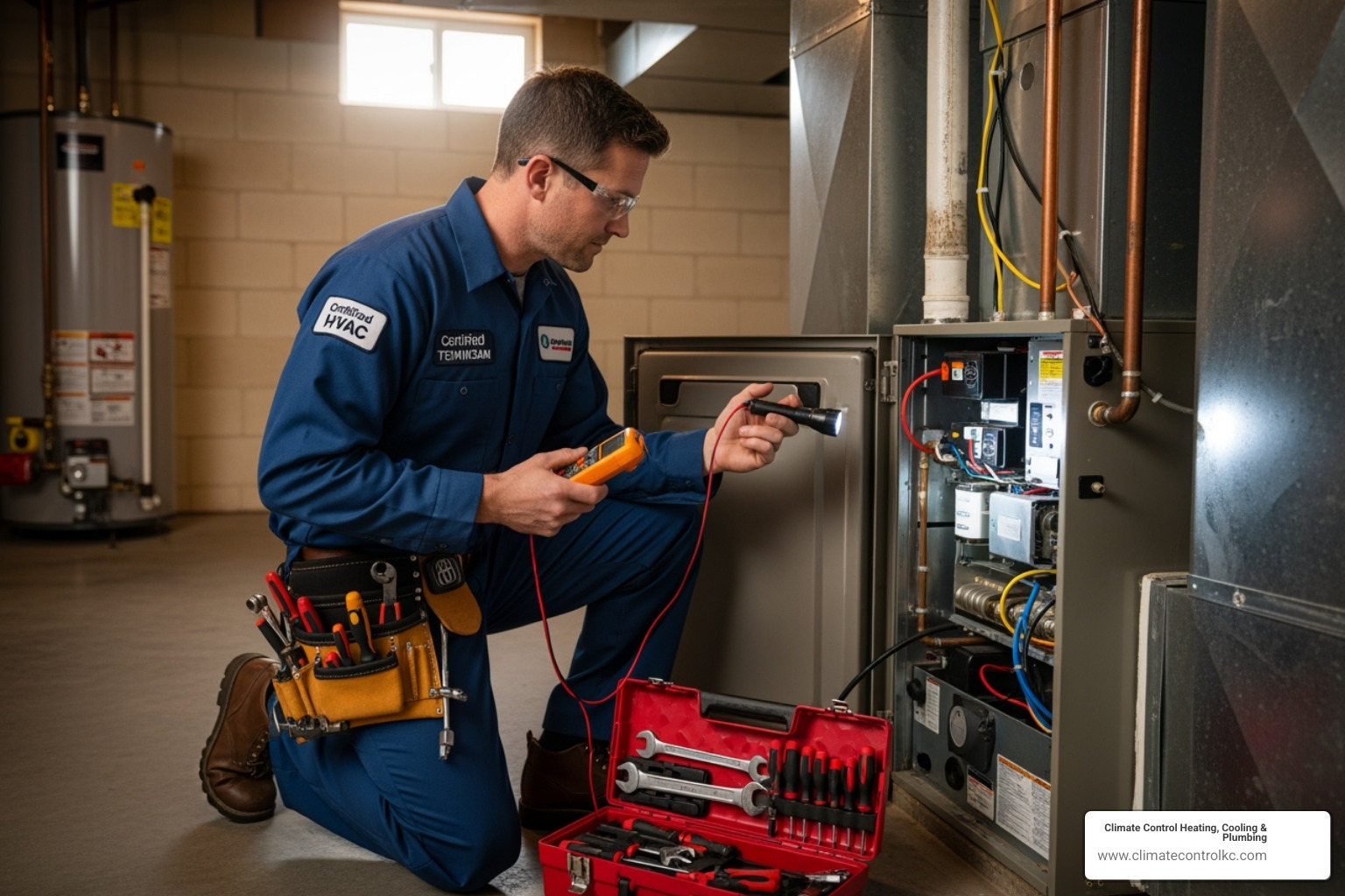 A professional, certified HVAC technician with tools at a customer's home - heating and cooling blue springs mo