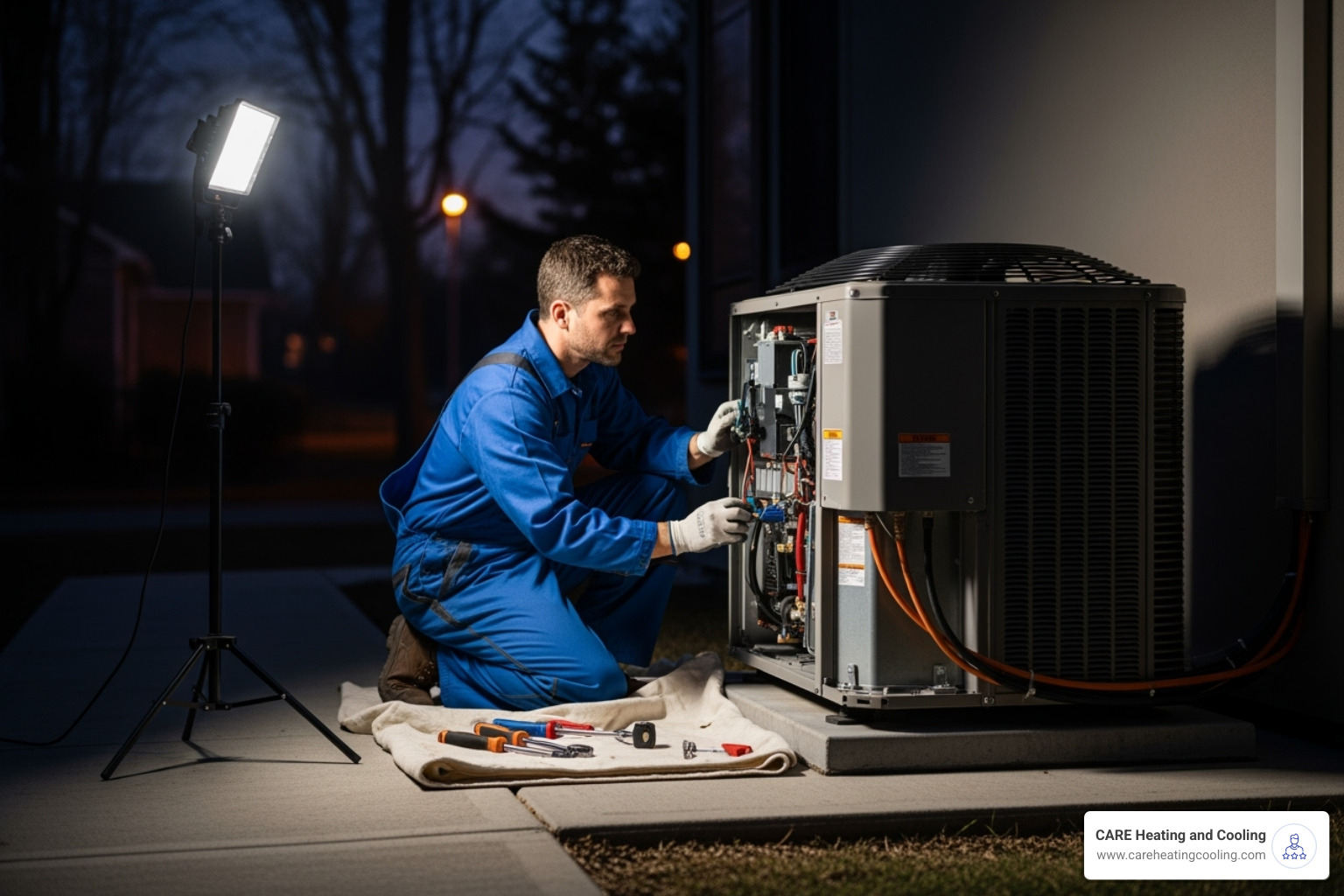 Technician working on an AC unit at night - ac repair lewis center