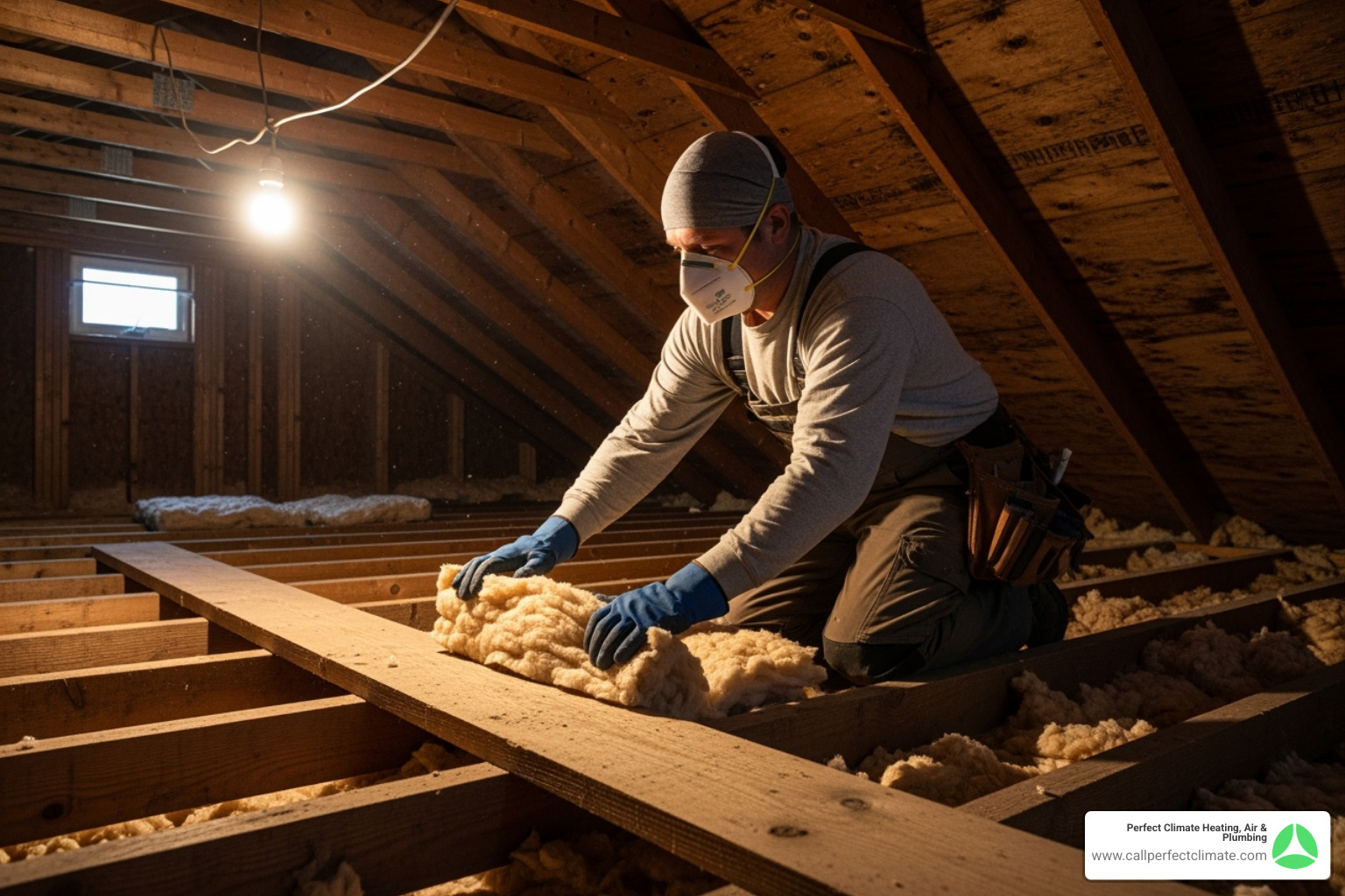 Person safely working in an attic with proper gear - attic fan installation