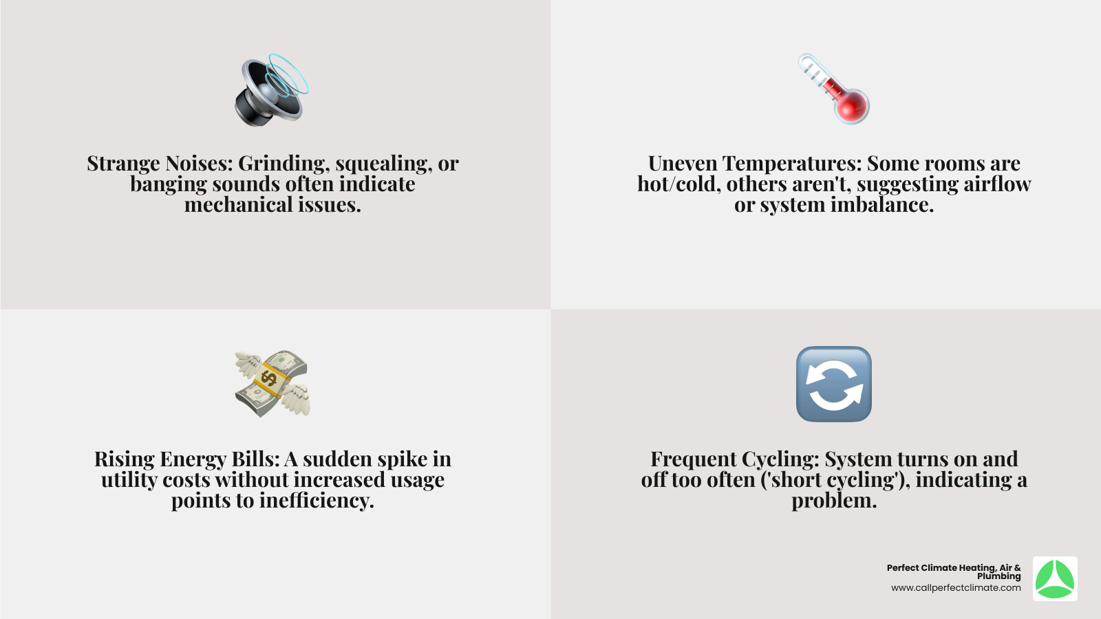 Infographic showing warning signs of HVAC system failure including strange noises, uneven temperatures, rising energy bills, frequent cycling, and unusual odors with emergency contact information - HVAC Newburgh IN infographic 4_facts_emoji_grey