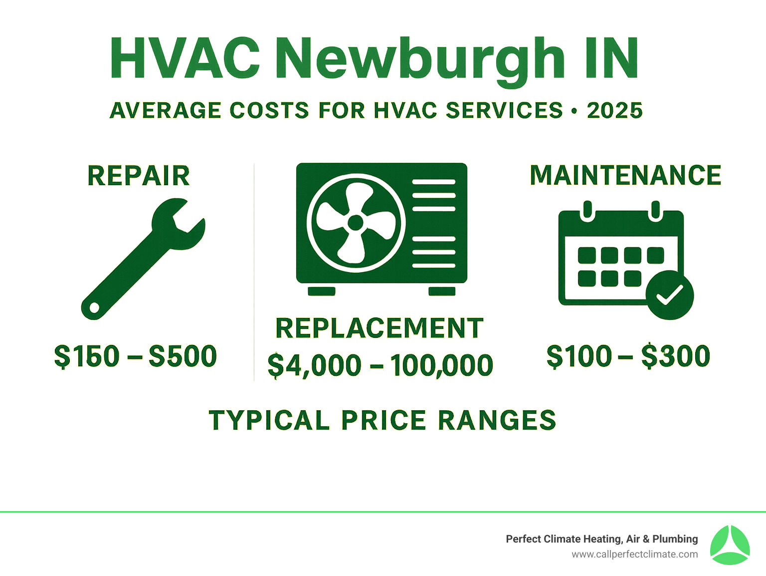 Infographic comparing average costs for HVAC repair, replacement, and maintenance showing typical price ranges for different service types - HVAC Newburgh IN infographic 
