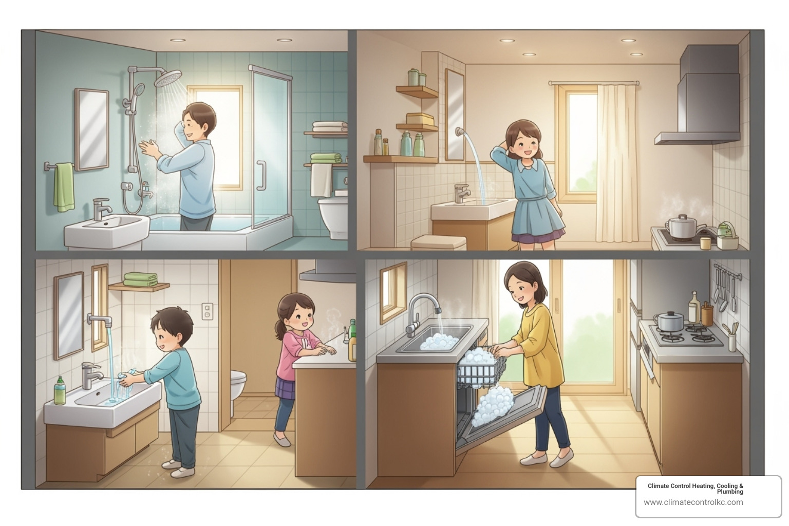 happy family easily using multiple hot water sources in their home - tankless water heater Shawnee happy family easily using multiple hot water sources in their home - tankless water heater Shawnee