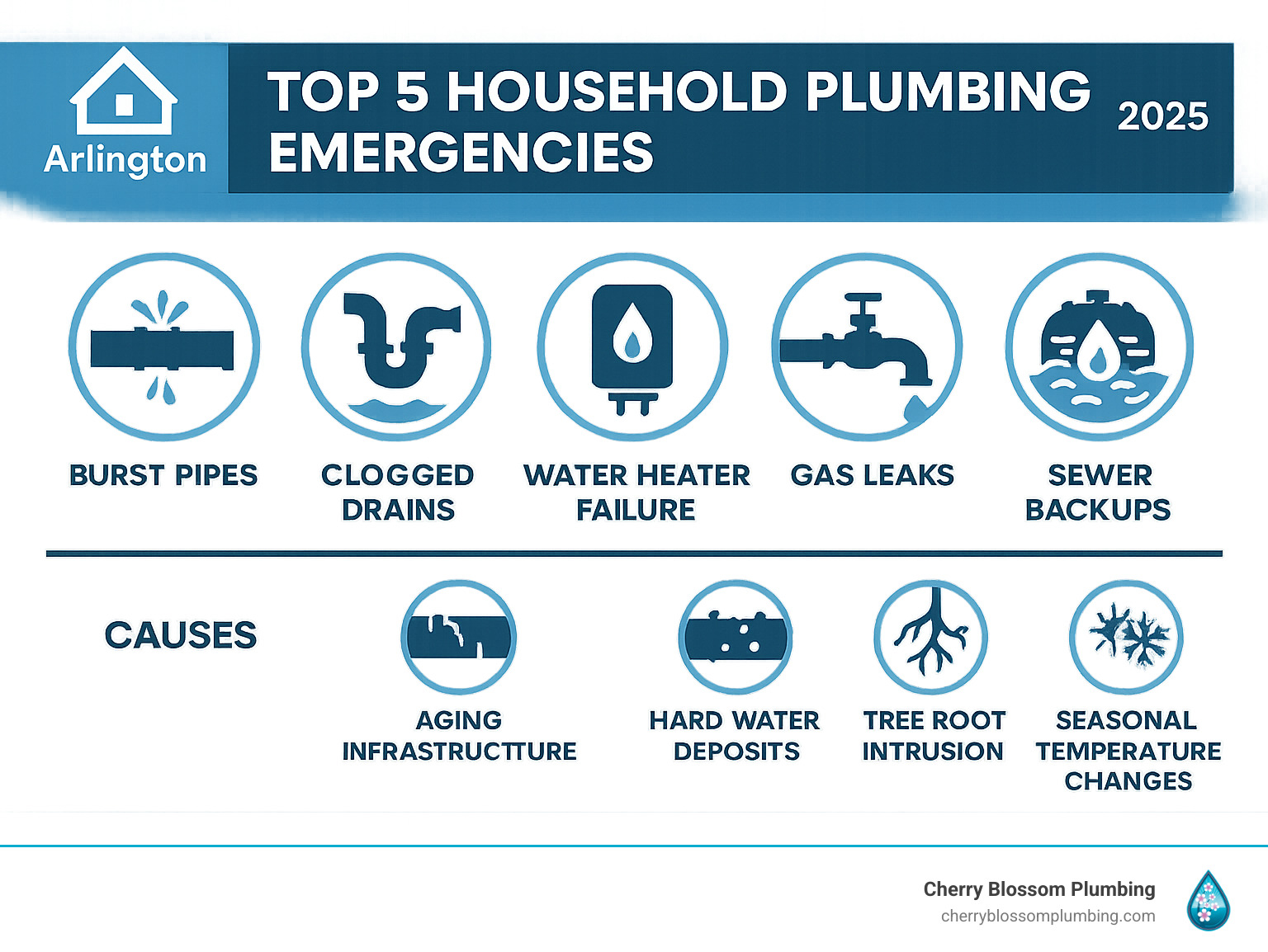 Infographic showing the top 5 most common household plumbing emergencies: burst pipes, clogged drains, water heater failure, gas leaks, and sewer backups, with causes including aging infrastructure, hard water deposits, tree root intrusion, and seasonal temperature changes - plumbing service arlington infographic 