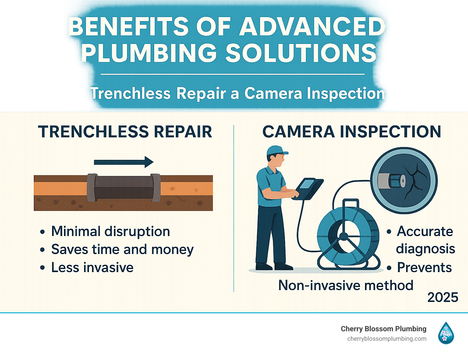 infographic showing benefits of advanced plumbing solutions like trenchless repair and camera inspection - plumbing service arlington infographic 