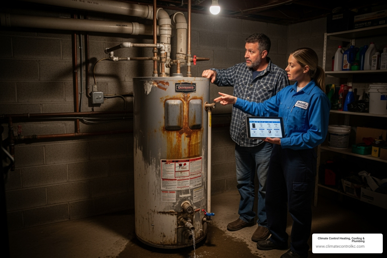 homeowner discussing options with a technician next to their old water heater - tankless water heater Shawnee