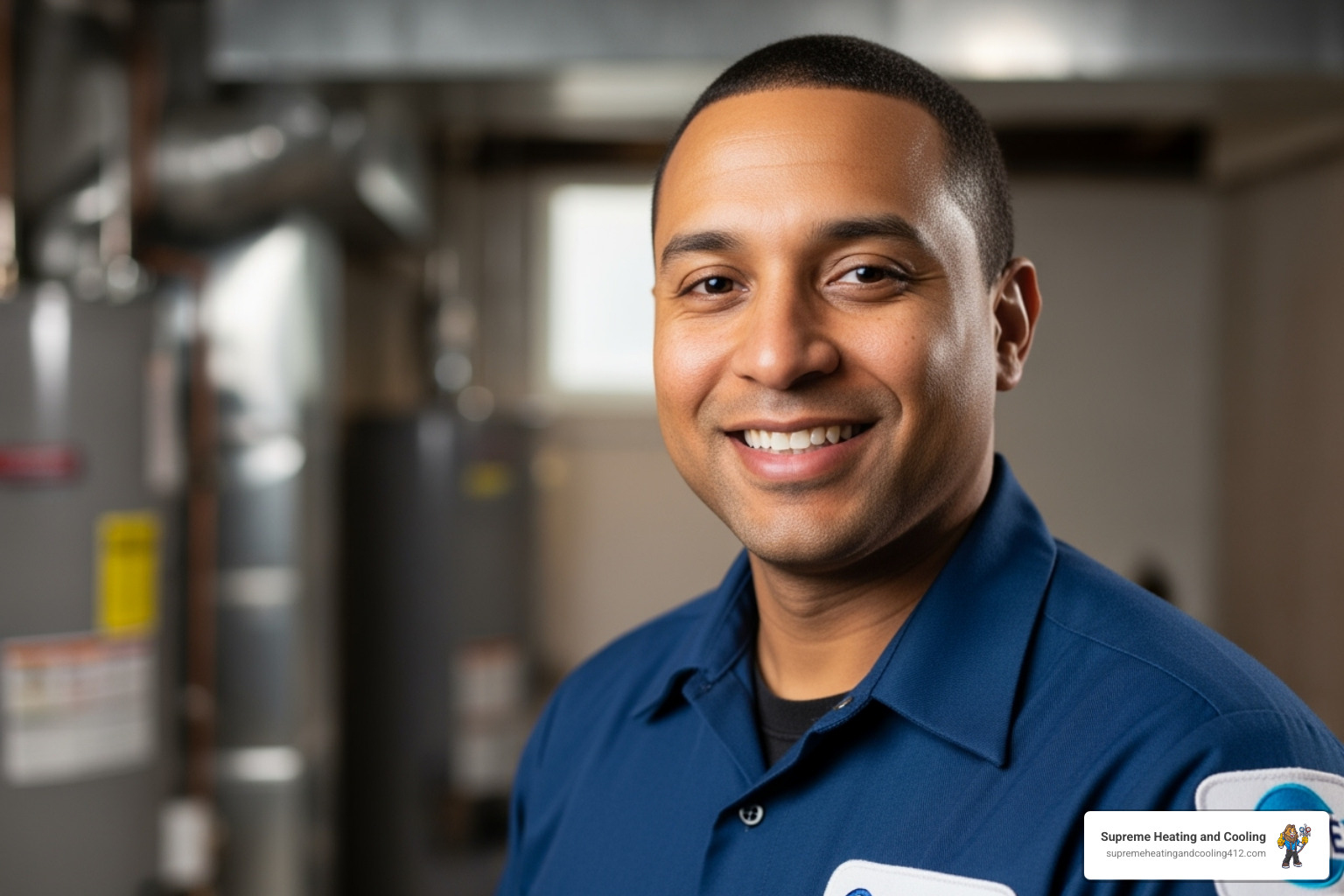 A friendly, professional HVAC technician with a NATE patch on their uniform - HVAC installation Pittsburgh