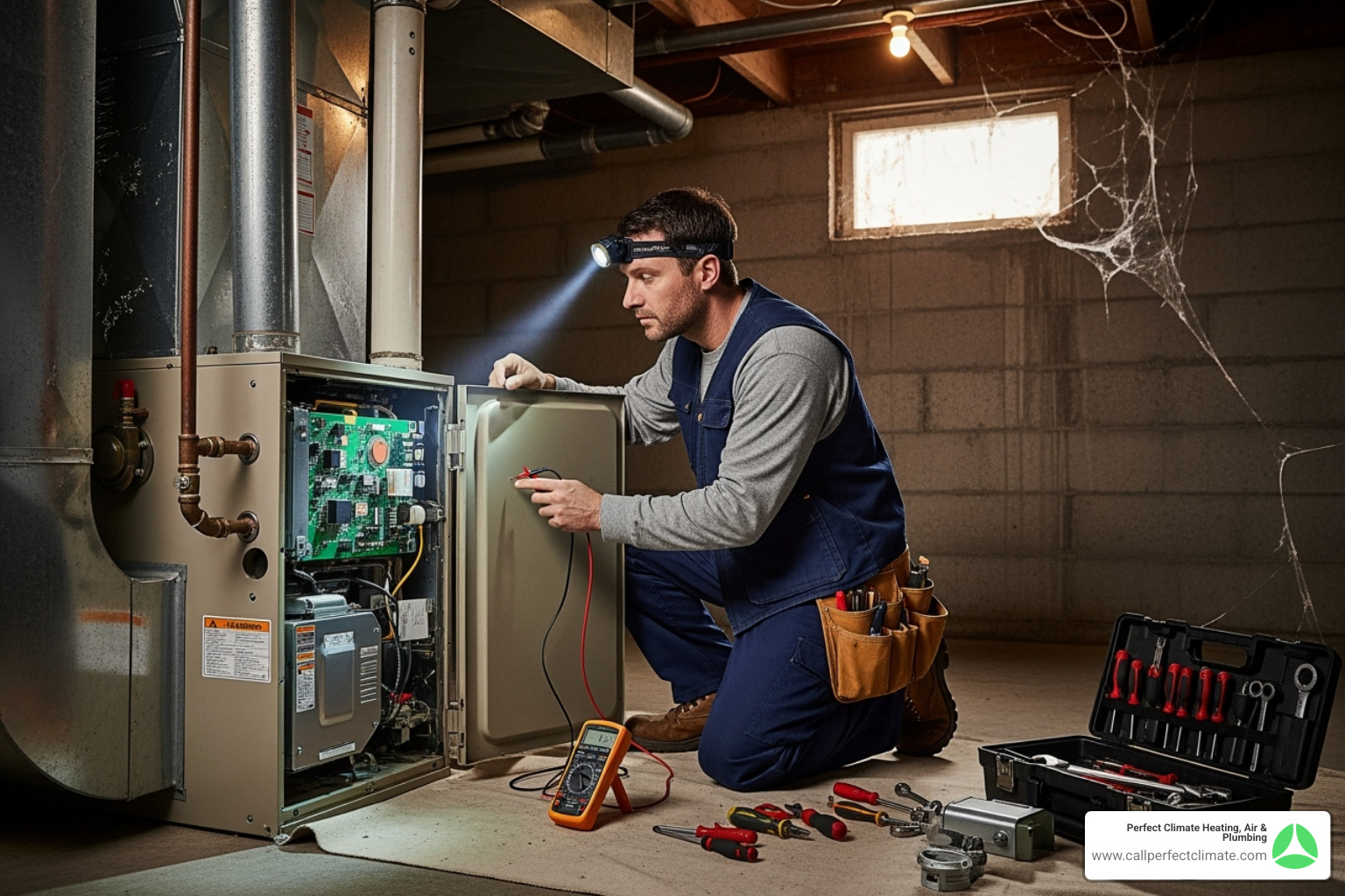 Technician working on a furnace in a basement - HVAC Newburgh IN