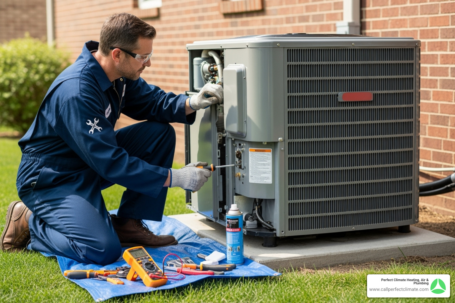 Technician performing maintenance on an air conditioner unit - HVAC Newburgh IN