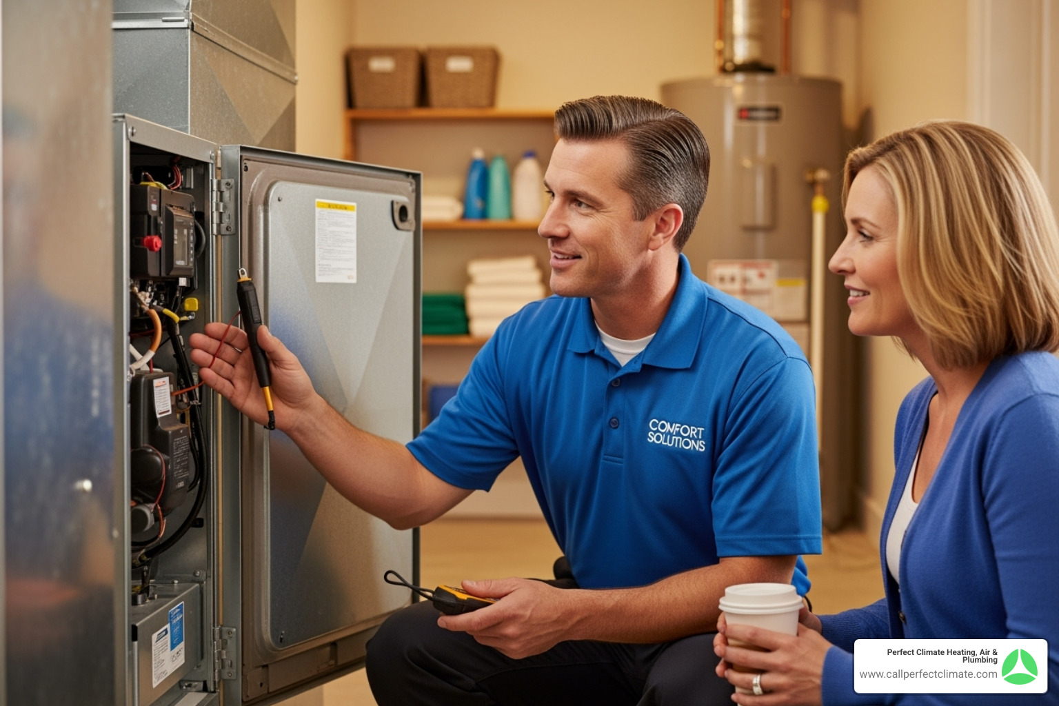 Friendly HVAC technician talking with a homeowner - HVAC Newburgh IN