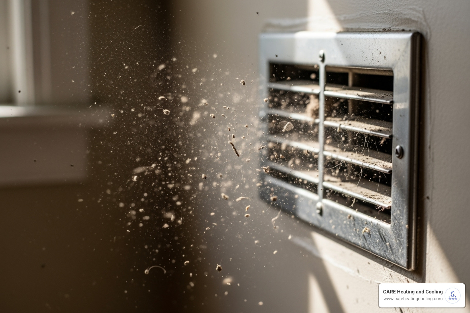 dust and debris blowing from a heating vent - air duct cleaning near me