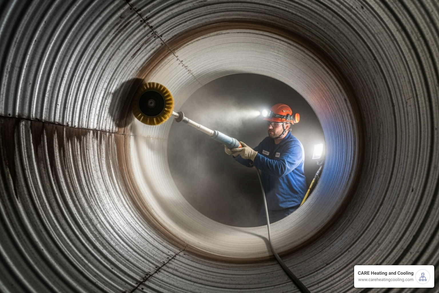 technician using a rotary brush inside a large air duct - air duct cleaning near me