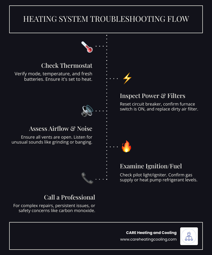 Common heating system problems diagnostic flowchart showing thermostat checks, power issues, airflow problems, ignition failures, and when to call a professional technician - Heating system problems infographic infographic-line-5-steps-dark Common heating system problems diagnostic flowchart showing thermostat checks, power issues, airflow problems, ignition failures, and when to call a professional technician - Heating system problems infographic infographic-line-5-steps-dark