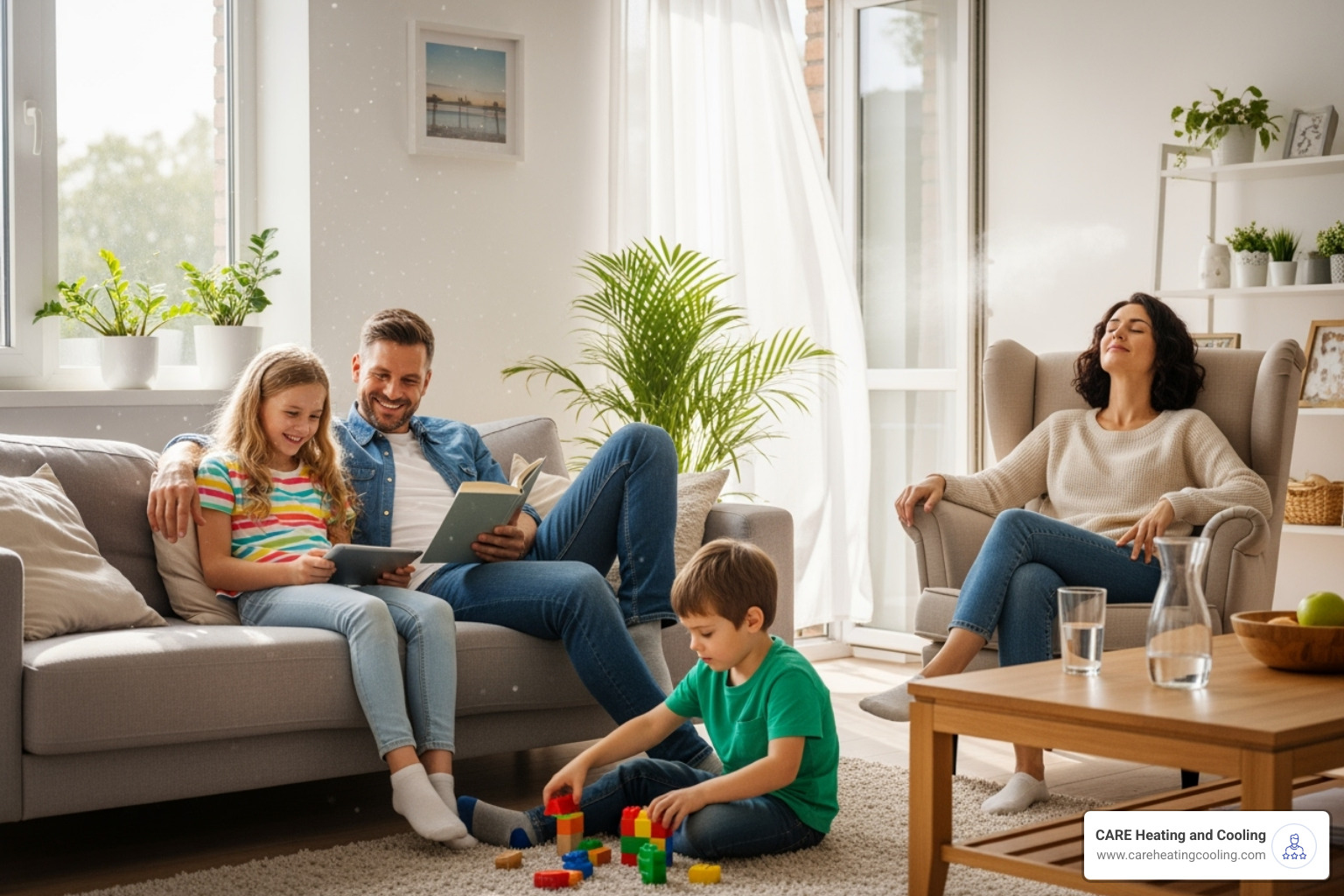 family breathing easily in a bright, clean living room - air duct cleaning near me