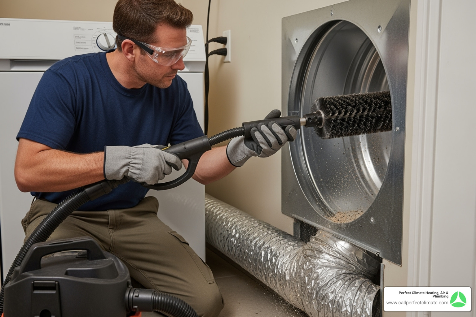 technician using a rotary brush tool in a vent pipe - dryer vent cleaning Princeton