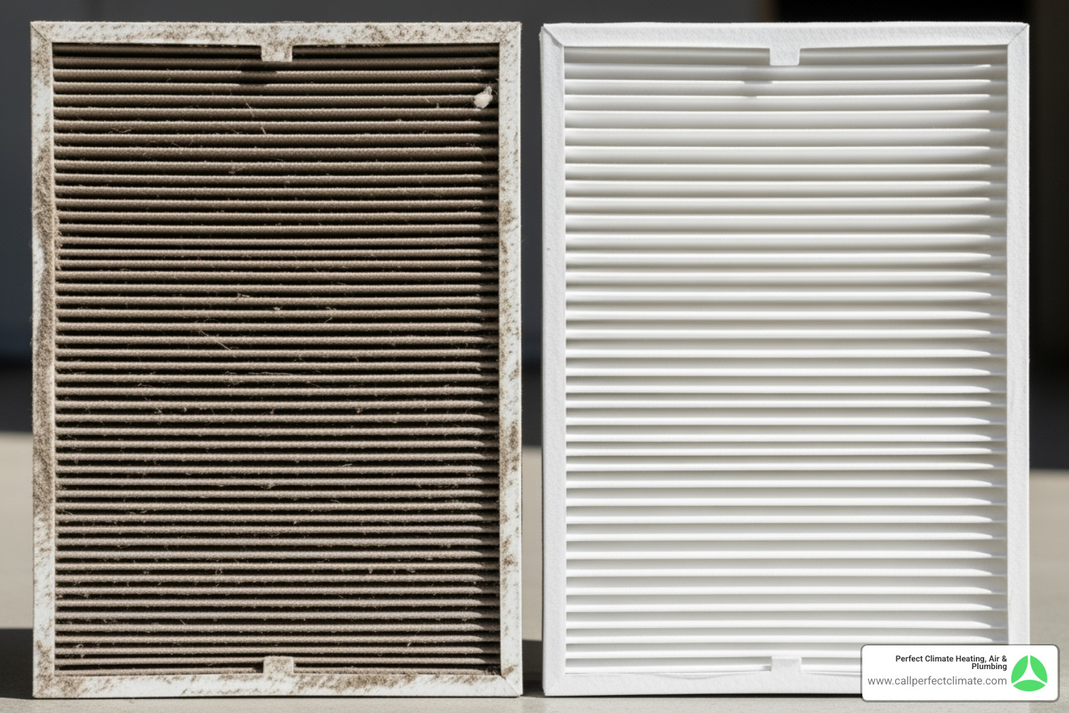 Close-up of a dirty air filter next to a clean, new air filter - HVAC service plan