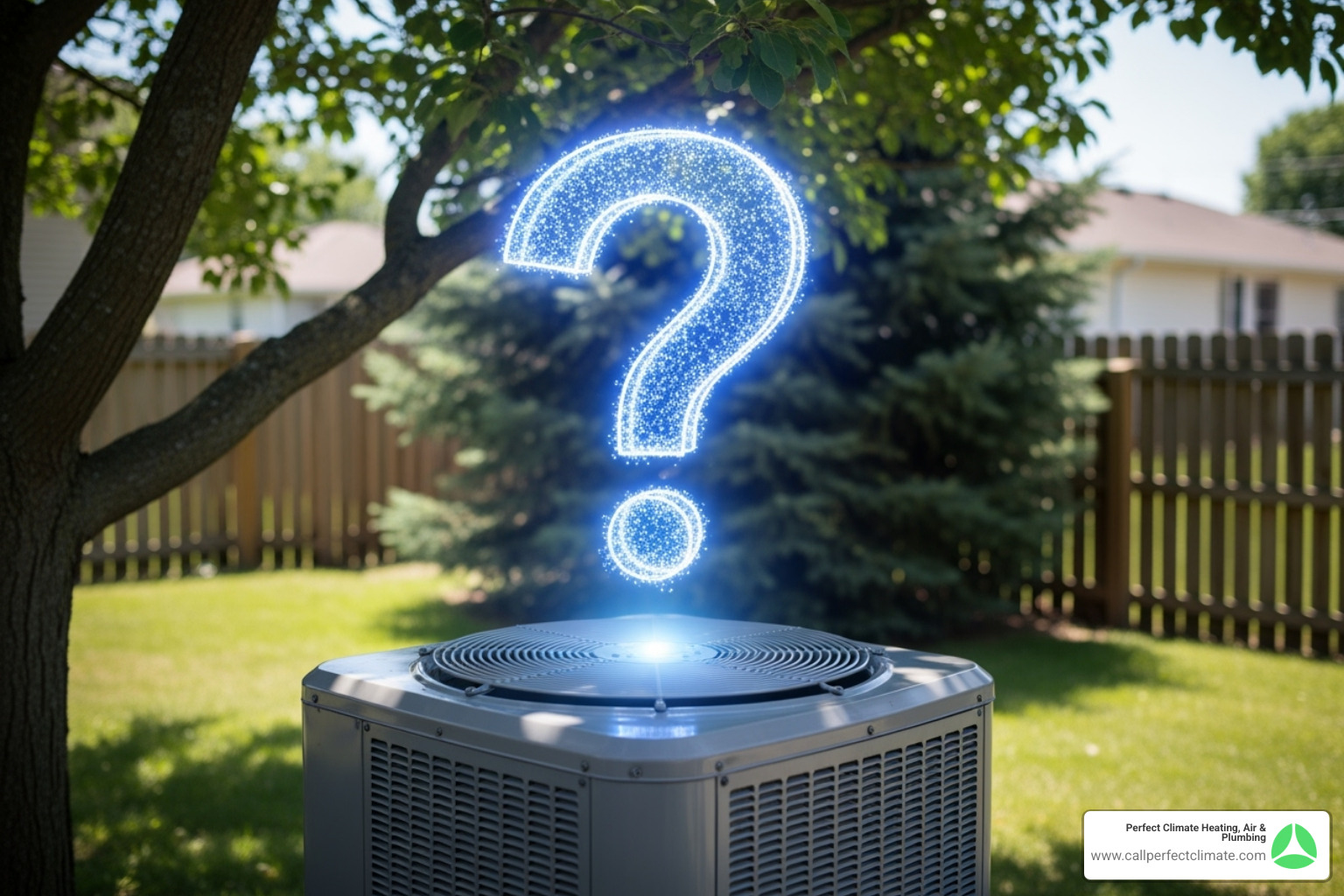 A large question mark hovering over an outdoor air conditioner unit - HVAC service plan